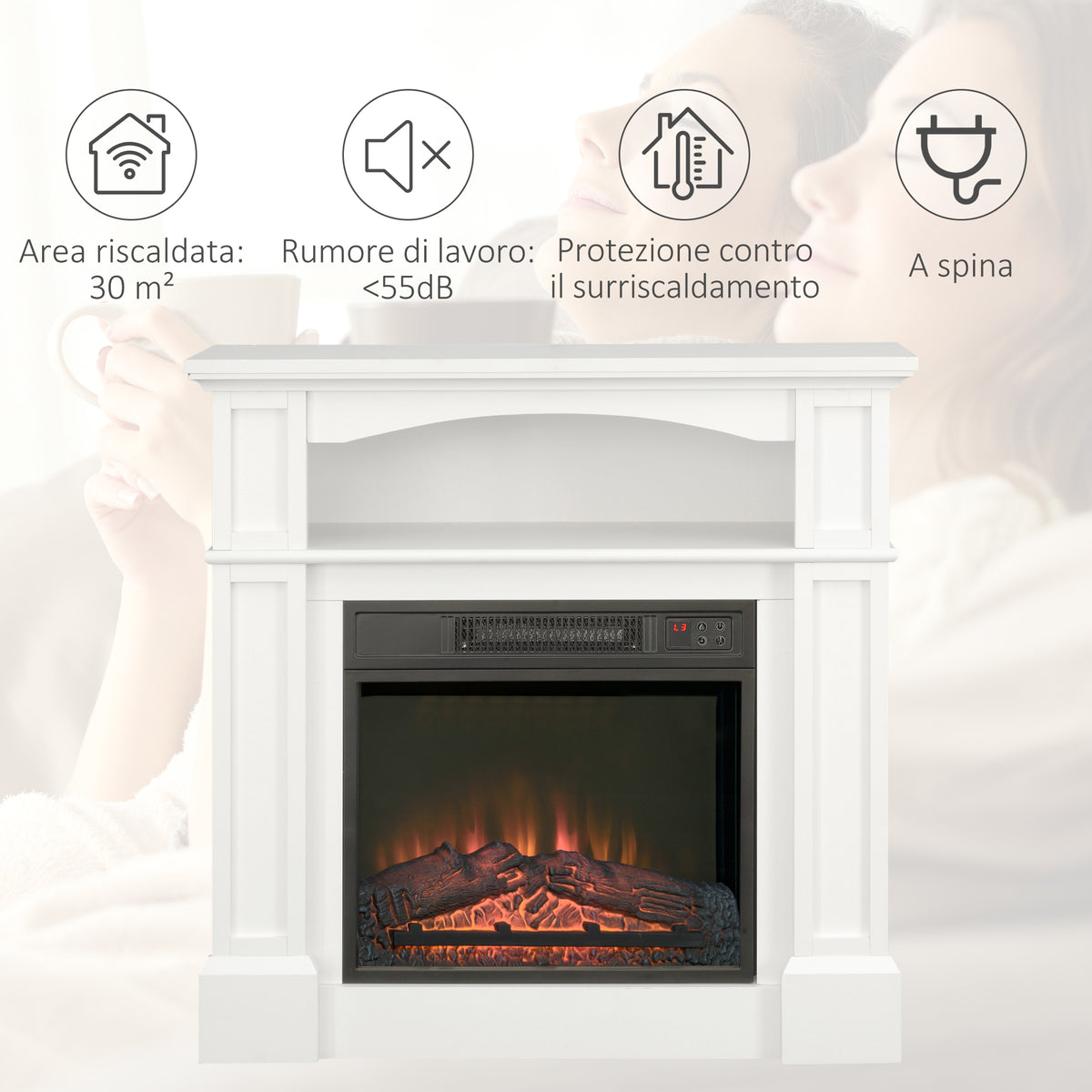 1800W Electric Fireplace with Adjustable LED Flame Effect, Remote Control, Timer and Integrated Shelf, White