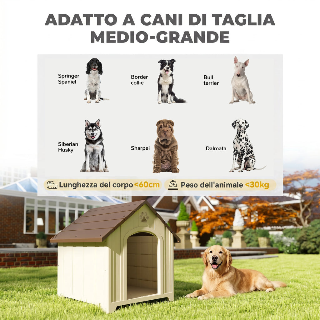 PawHut Raised Dog Kennel with Sloped Roof and Air Vents, PP, 88x78x89 cm, Beige and Dark Brown