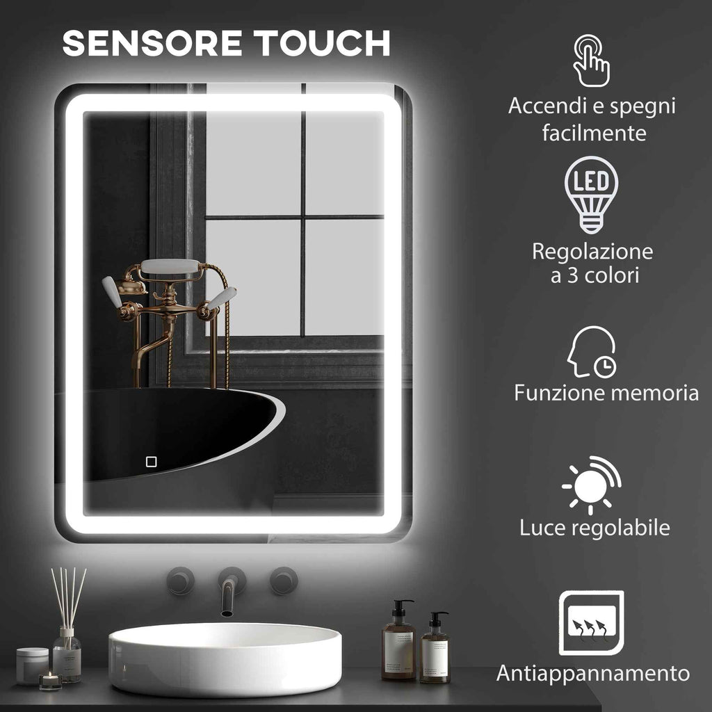 HOMCOM LED Touch Bathroom Mirror with Dimmable Light, 3 Temperatures and Anti-Fog, 70x90 cm