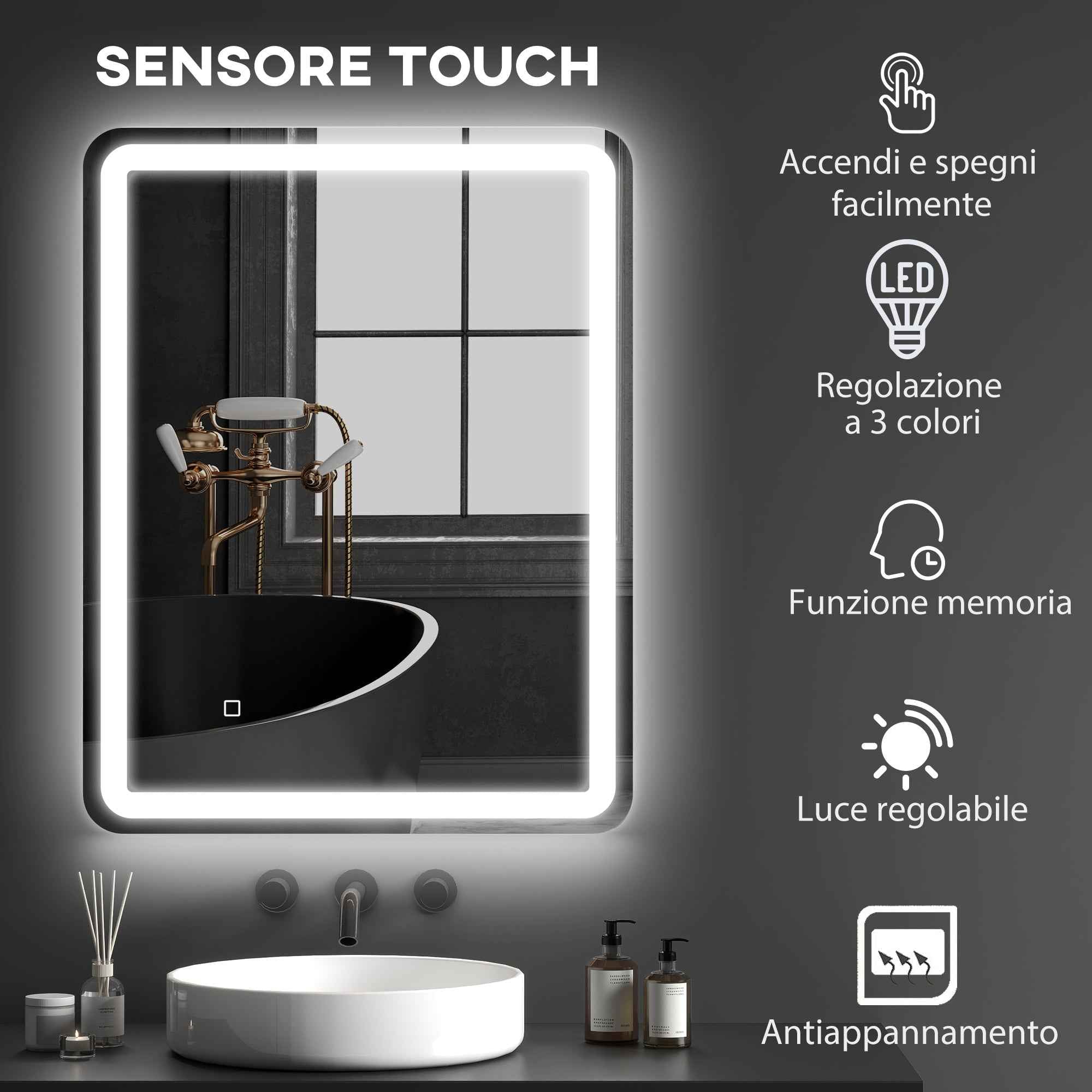 HOMCOM LED Touch Bathroom Mirror with Dimmable Light, 3 Temperatures and Anti-Fog, 70x90 cm