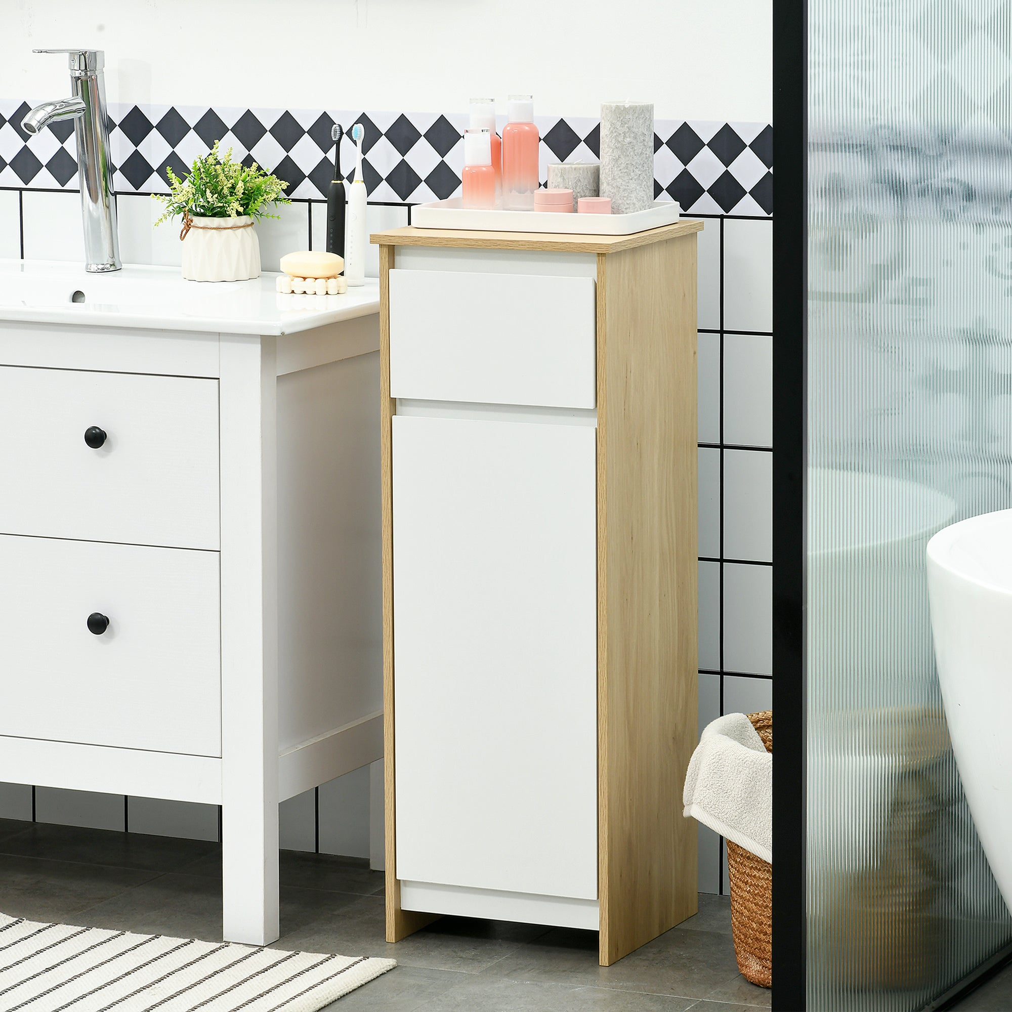 kleankin Bathroom Cabinet with Drawer and Cabinet with Internal Adjustable Shelf, in MDF, 32.6x30x90 cm - Borgè