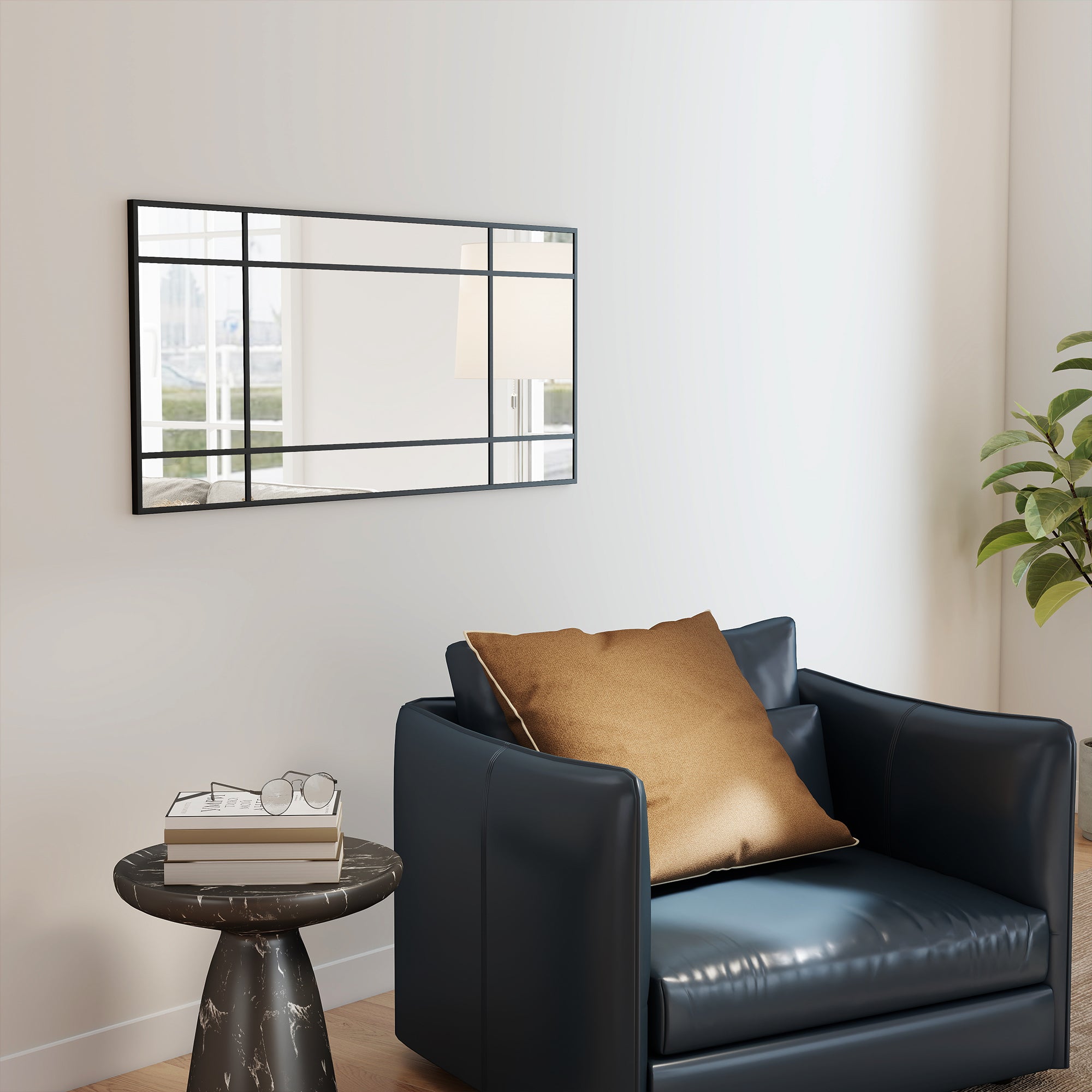 Window Style Wall Mirror with Vertical and Horizontal Mounting, 110x50cm, Black