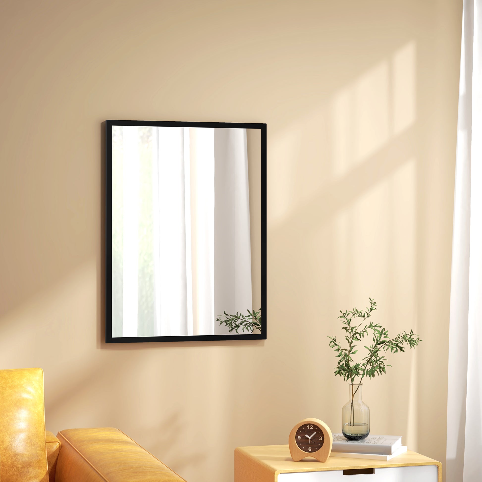 HOMCOM Rectangular Wall Mirror with Hooks, in Glass and MDF, 60x80 cm, Black - Borgè