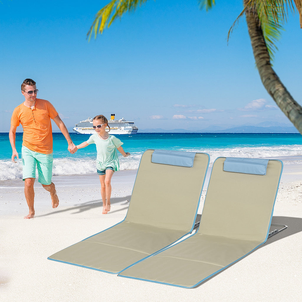 Set of 2 Folding Beach Chairs with Adjustable Backrest and Headrest, 53x124x35-45 cm, Beige and Light Blue