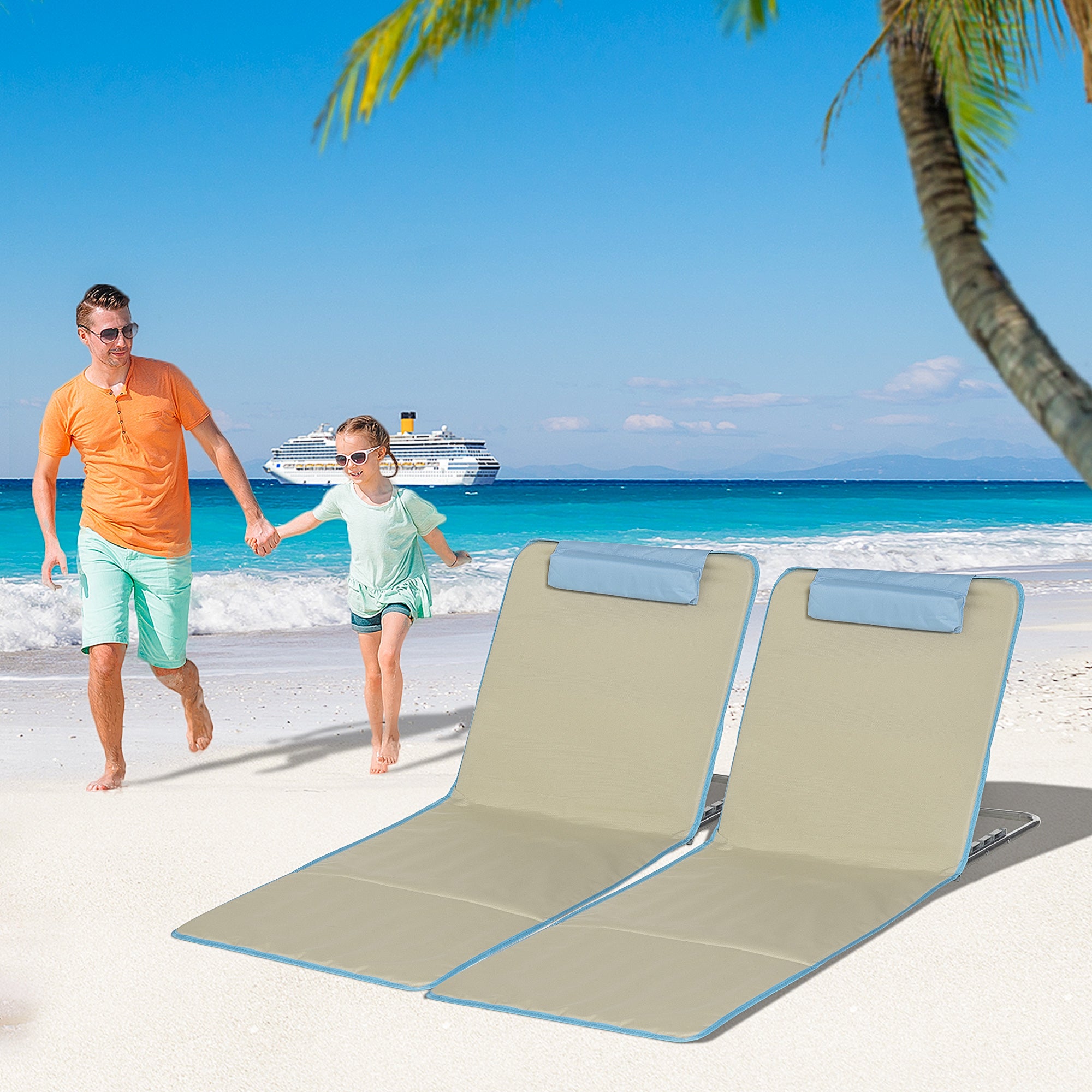 Set of 2 Folding Beach Chairs with Adjustable Backrest and Headrest, 53x124x35-45 cm, Beige and Light Blue