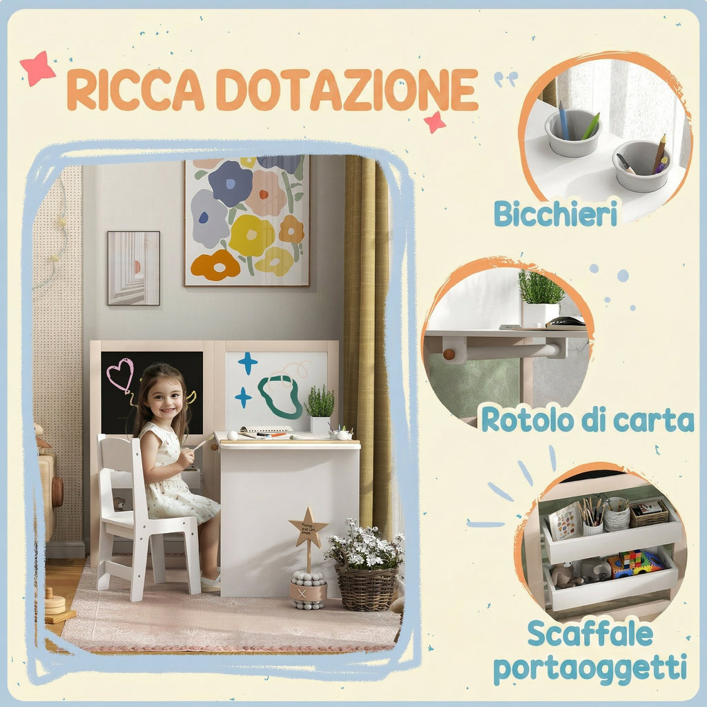 AIYAPLAY Kids Table and Chair Set for 3-8 Years Old with Blackboard, Whiteboard, Storage Containers and Paper Roll, White