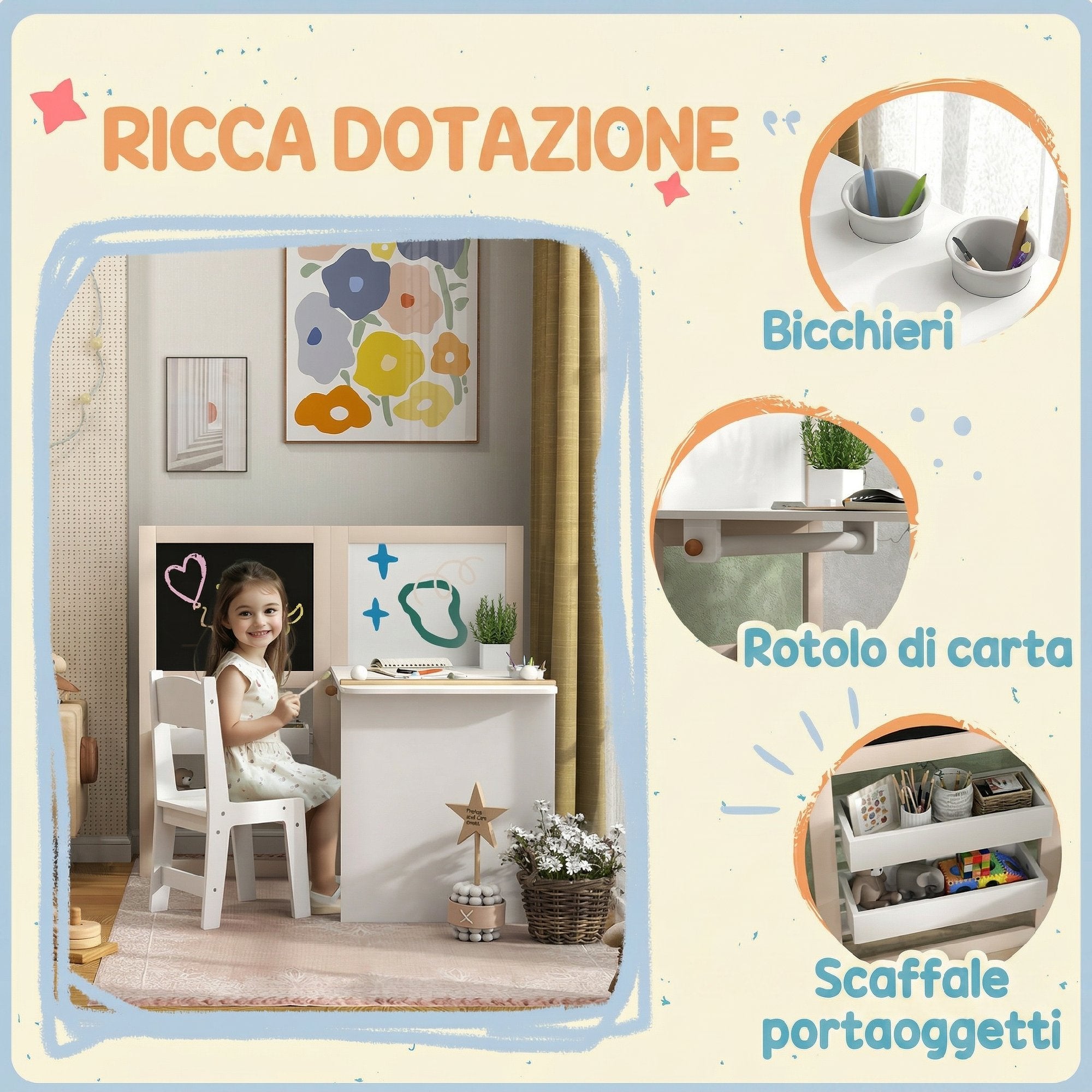AIYAPLAY Kids Table and Chair Set for 3-8 Years Old with Blackboard, Whiteboard, Storage Containers and Paper Roll, White