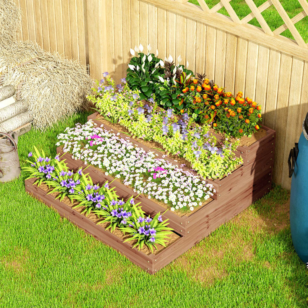 4-Level Raised Garden Bed in Fir Wood with Open Bottom, 113x113x46 cm, Brown