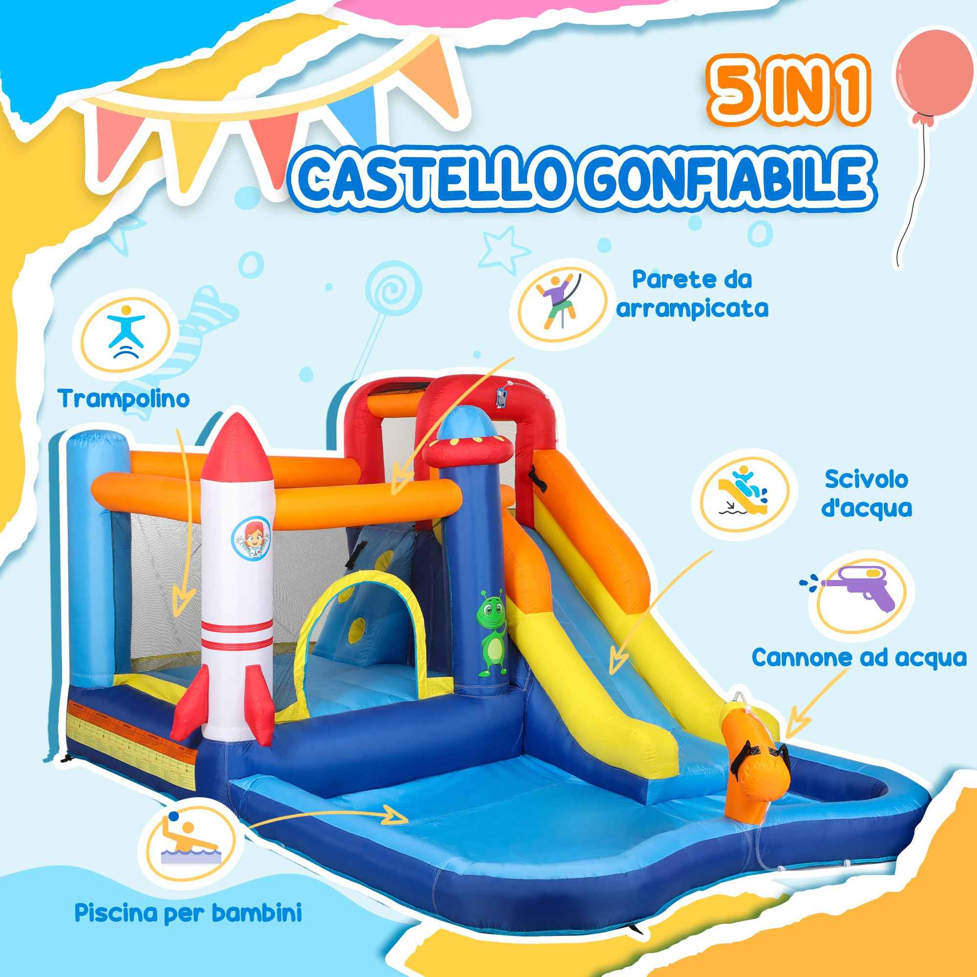 5-in-1 Inflatable Water Park Castle, 360x250x195cm, Multicolor
