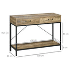 Vintage Style Metal and Wood Console Table with 2 Drawers and Shelf, 100x35x76.5cm, Brown