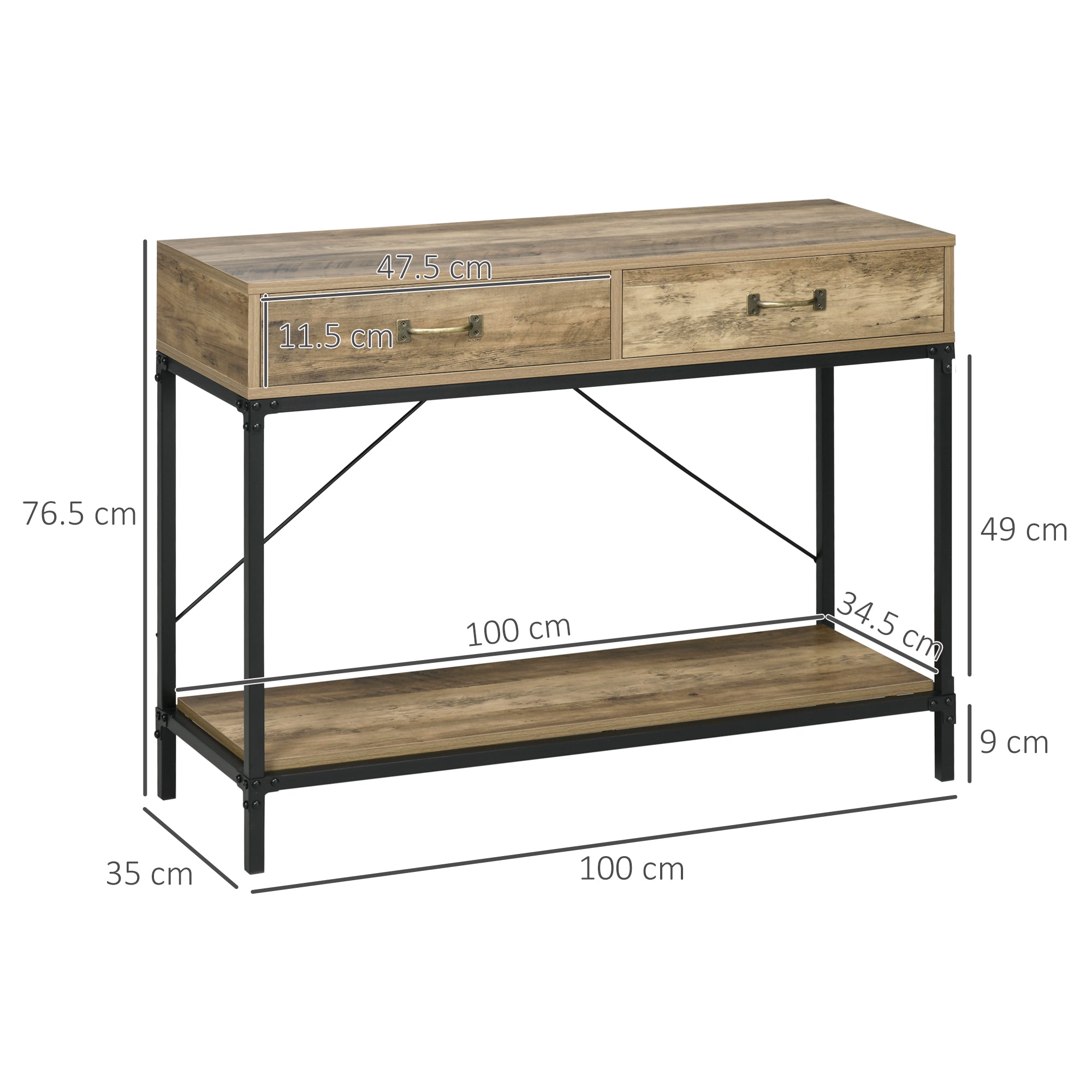 Vintage Style Metal and Wood Console Table with 2 Drawers and Shelf, 100x35x76.5cm, Brown