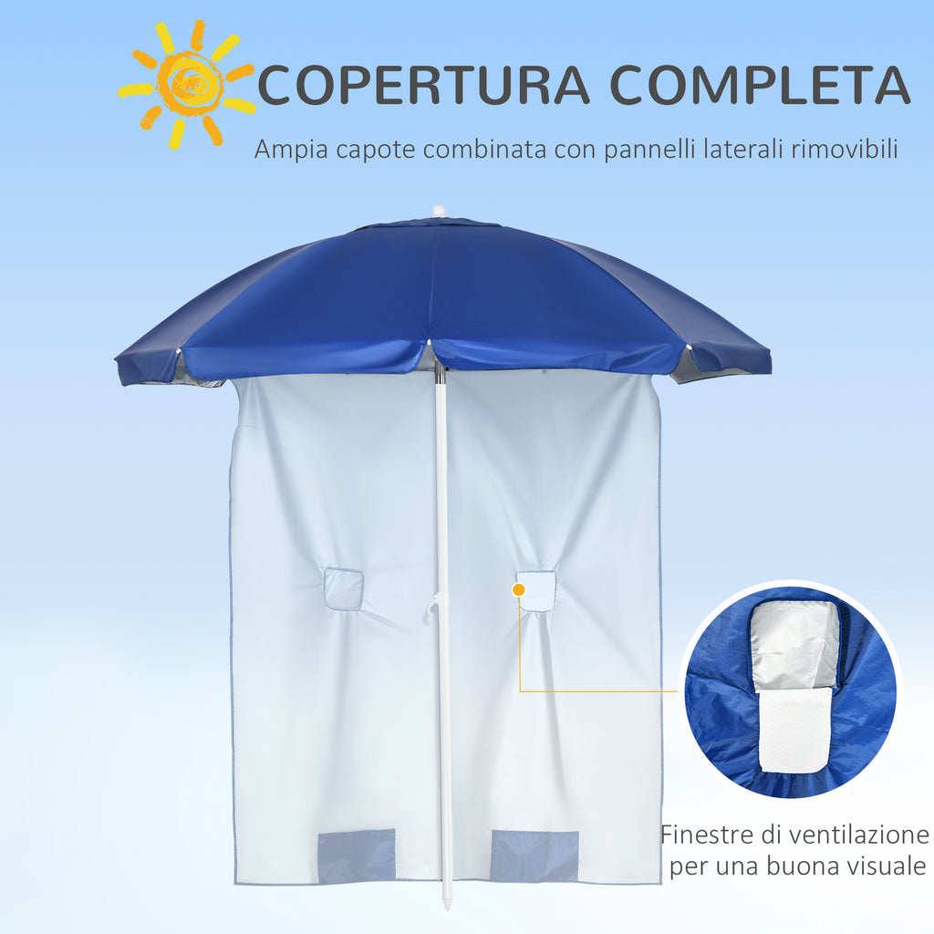 Tilting Beach Umbrella with Side Curtains, in Polyester and Steel, Ø191x211 cm, Blue and White