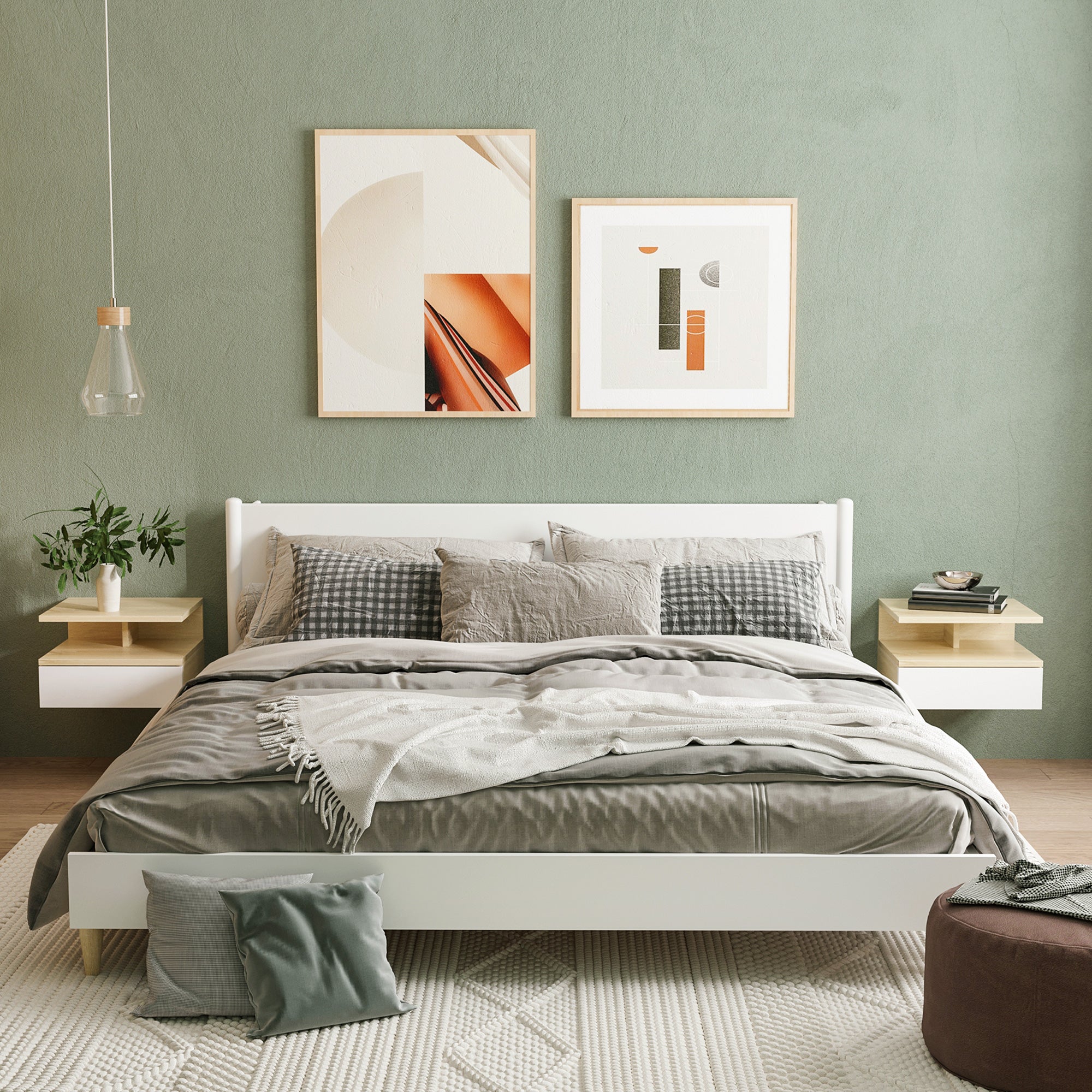 HOMCOM Set of 2 Suspended Bedside Tables with Drawer and Upper Shelf, in Wood, 35x32x22.5 cm, White and Oak - Borgè