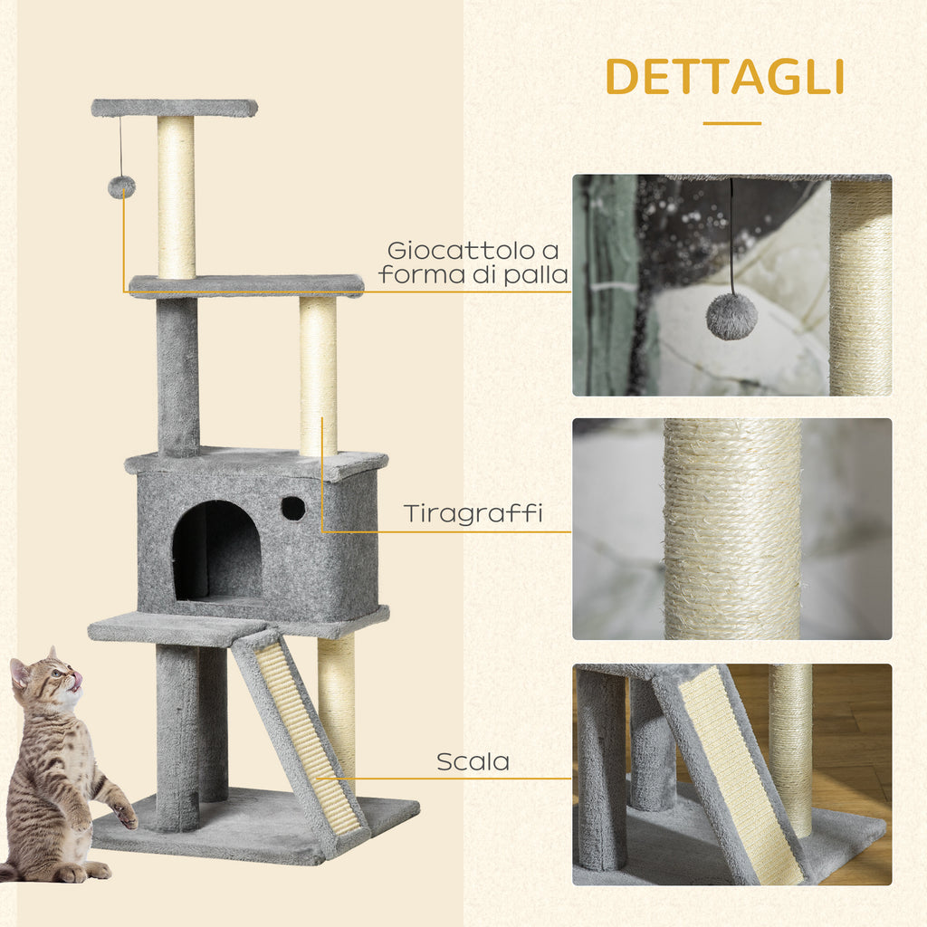 Multi-Level Cat Tree with House, Ladder, Ball and Sisal Posts, 48x48x125 cm, Grey