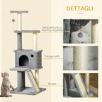Multi-Level Cat Tree with House, Ladder, Ball and Sisal Posts, 48x48x125 cm, Grey