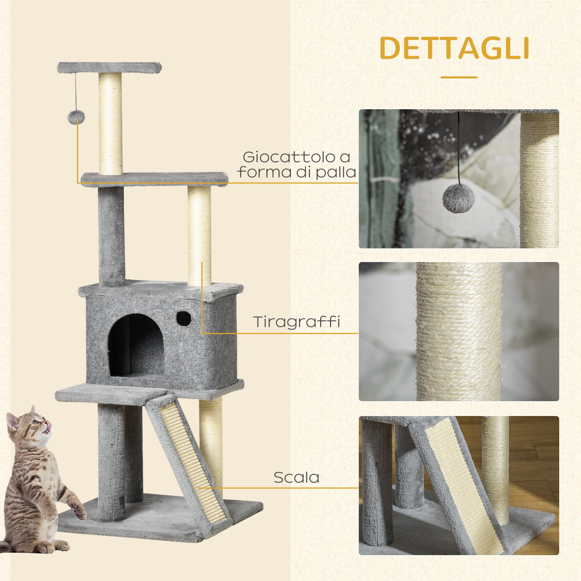Multi-Level Cat Tree with House, Ladder, Ball and Sisal Posts, 48x48x125 cm, Grey