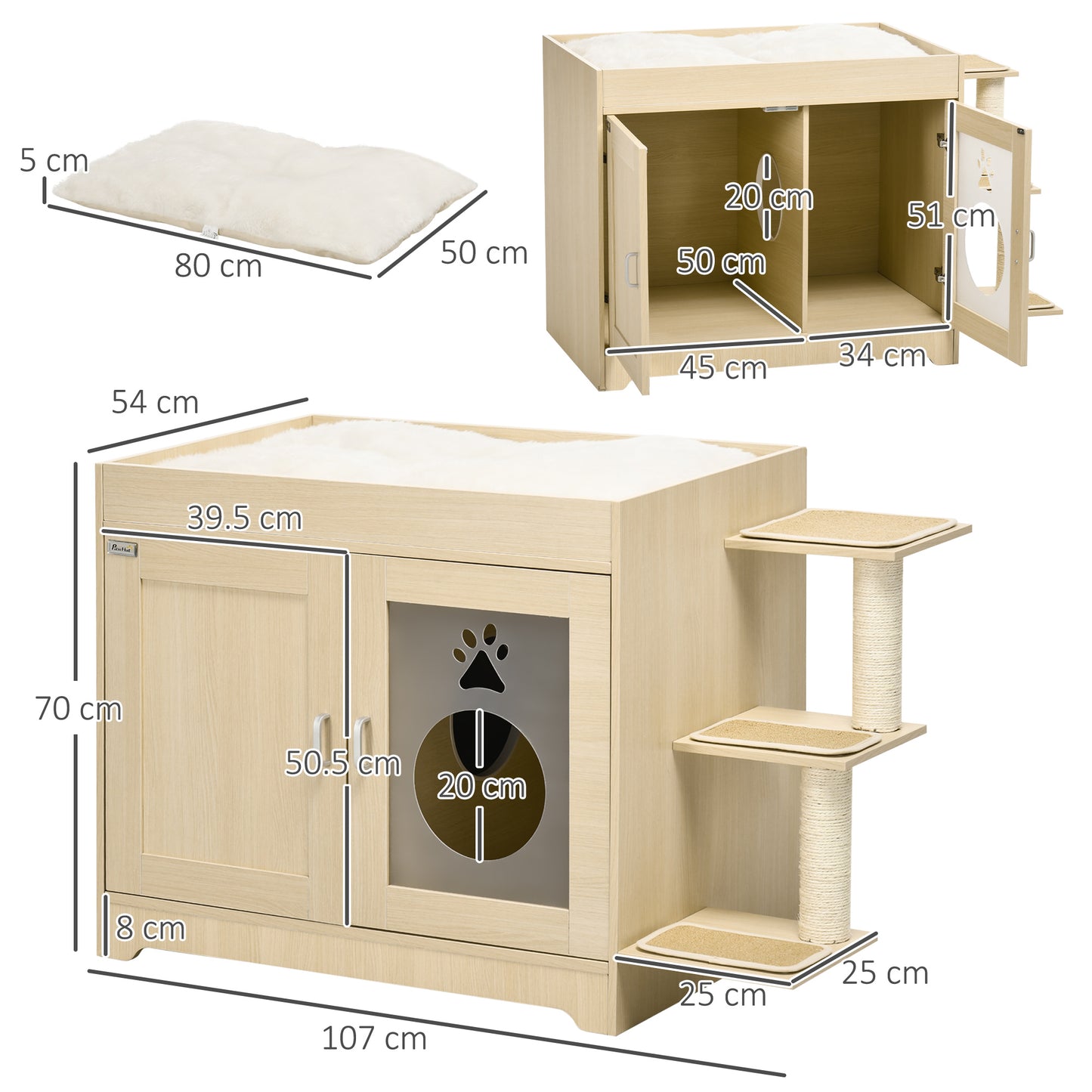 Litter Box Cat House with Storage Space and Scratching Posts, Wooden, 107x54x70 cm