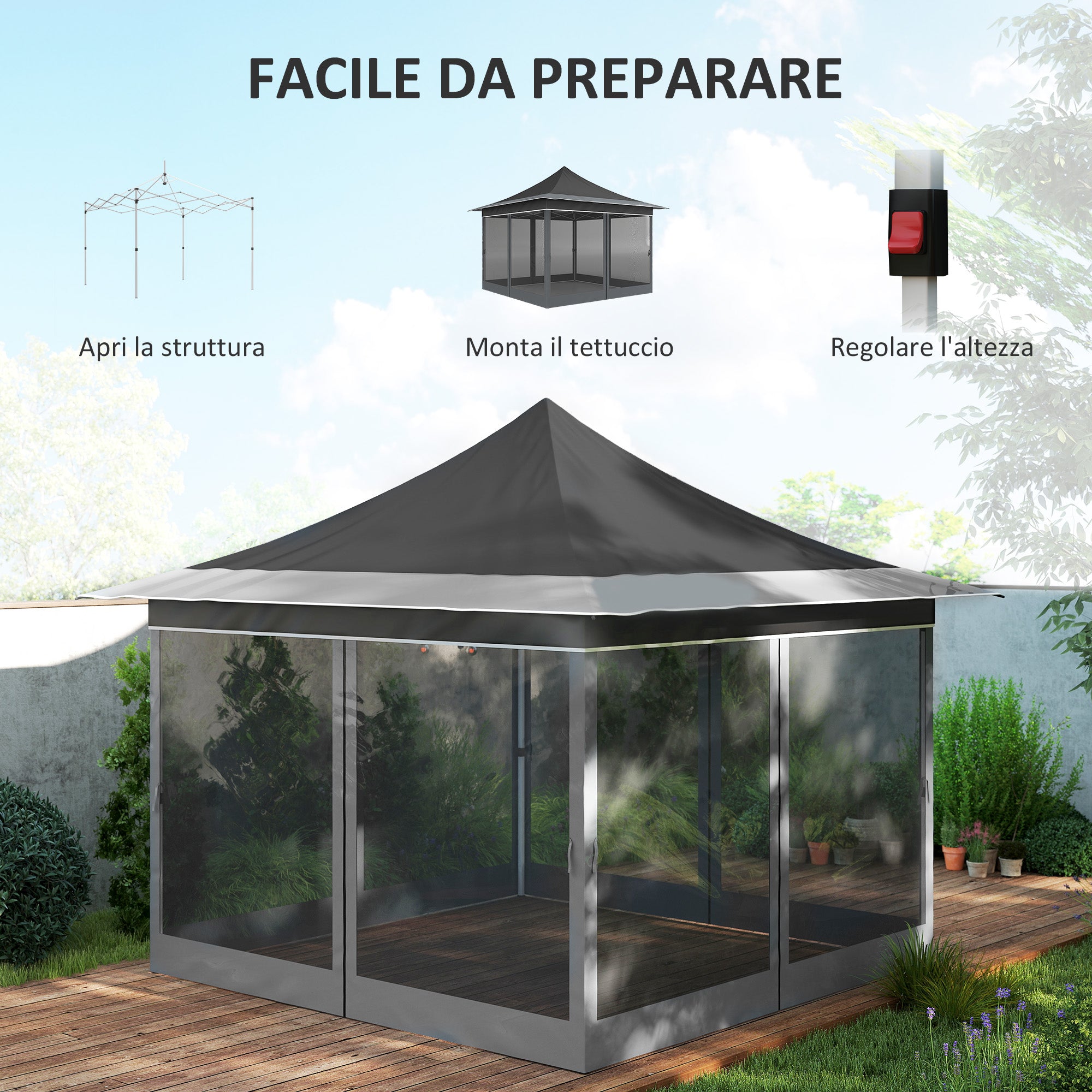 Garden Gazebo with Adjustable Height with Mosquito Net, in Polyester and Metal, 357x357x310 cm, Dark Gray