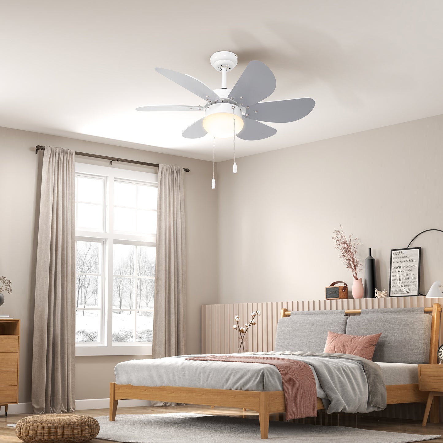 Ceiling Fan with LED Light and Chain Switch, in MDF and Acrylic, Ø76x41.5 cm, Gray and White - Borgè