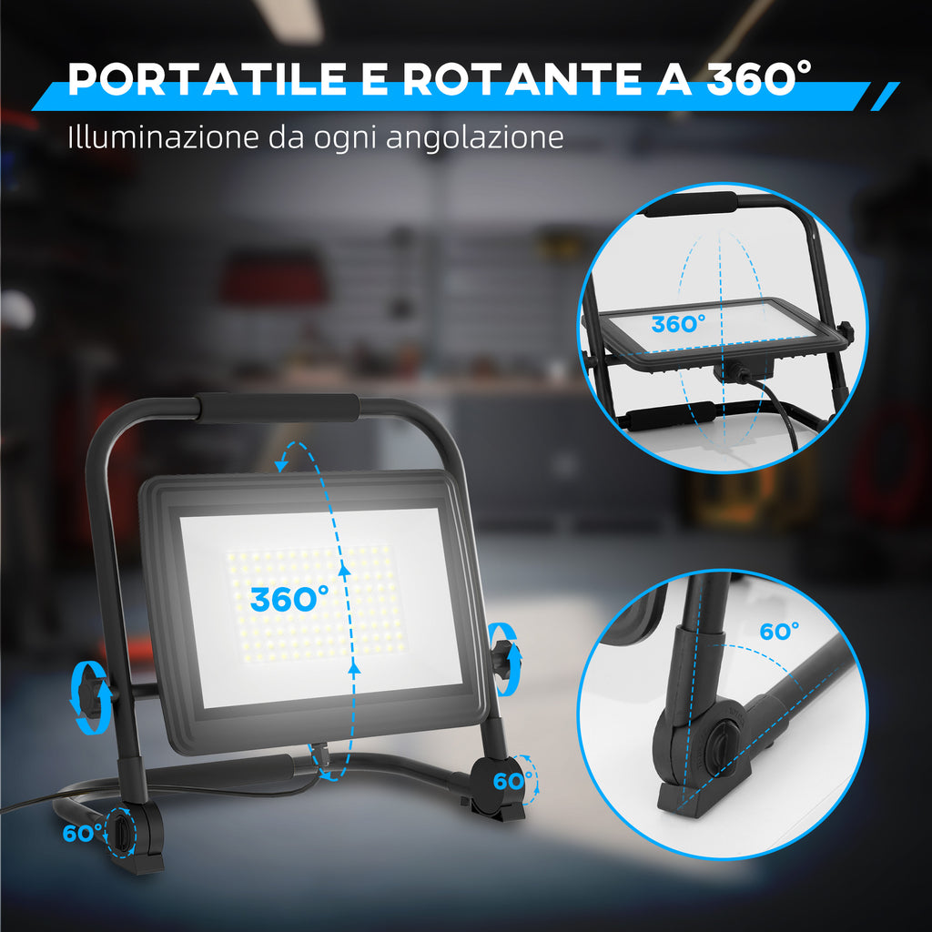 6500K LED Work Spotlight with Swivel Head and Adjustable Support, in Aluminum and Metal, 35x20x32 cm, Black