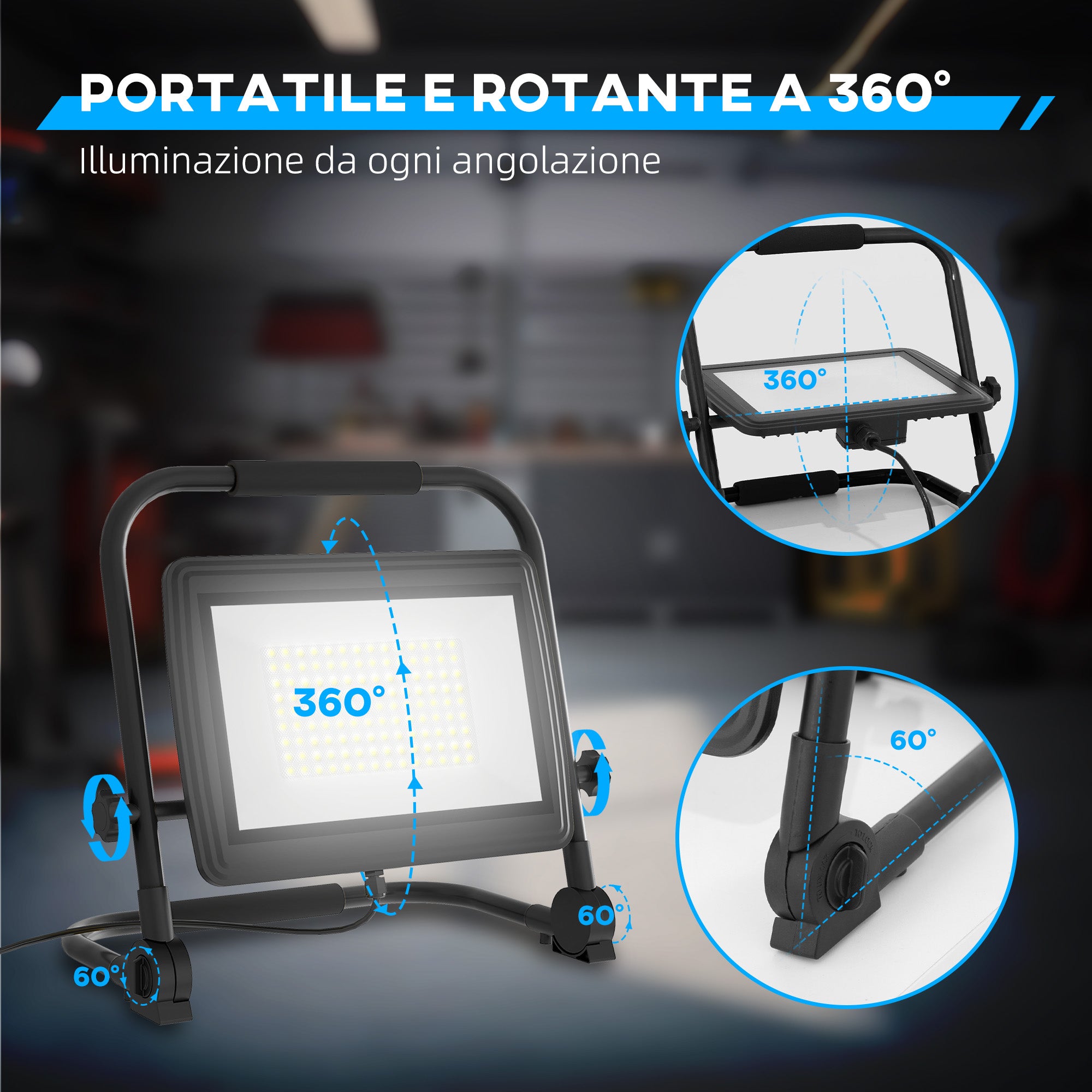 6500K LED Work Spotlight with Swivel Head and Adjustable Support, in Aluminum and Metal, 35x20x32 cm, Black
