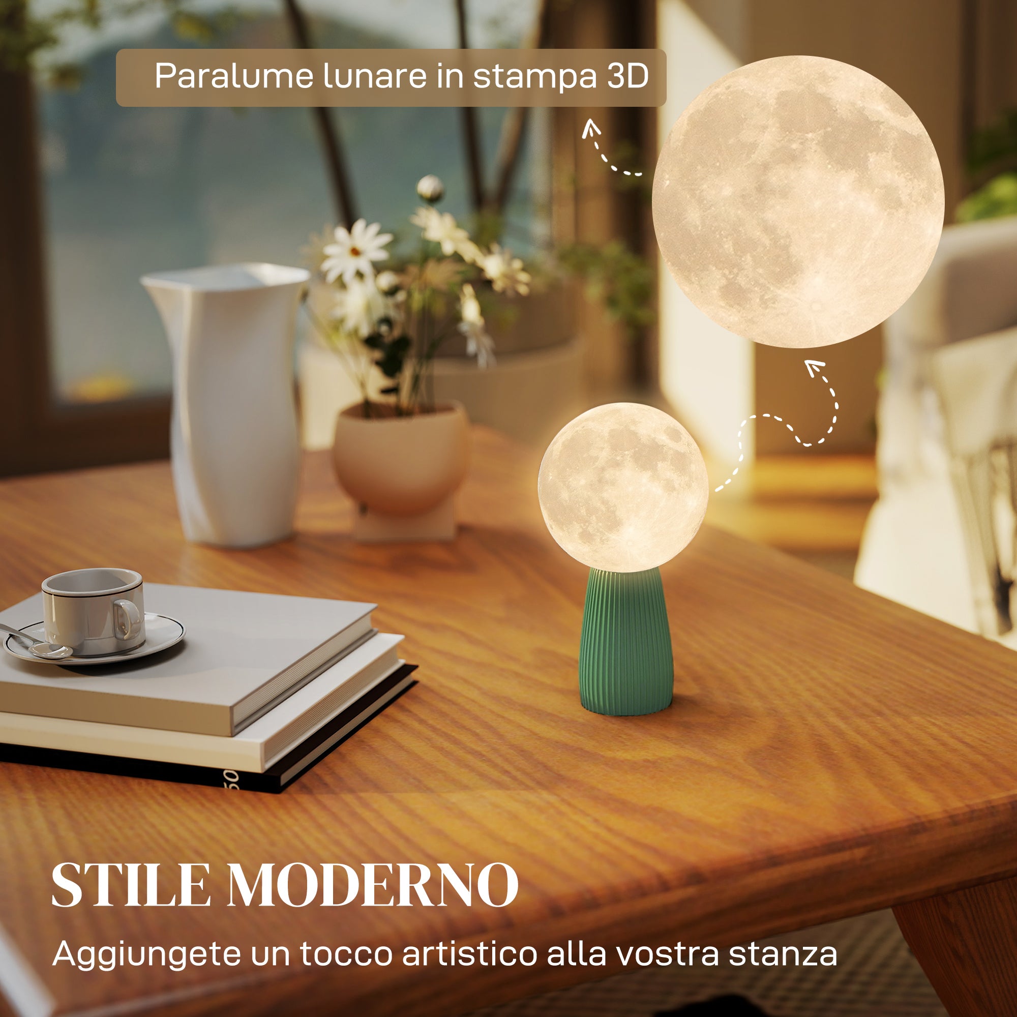 Moon-Shaped Table Lamp with 3 Colors and 10 Brightness Levels, ABS, Ø15x28 cm, White and Dark Green
