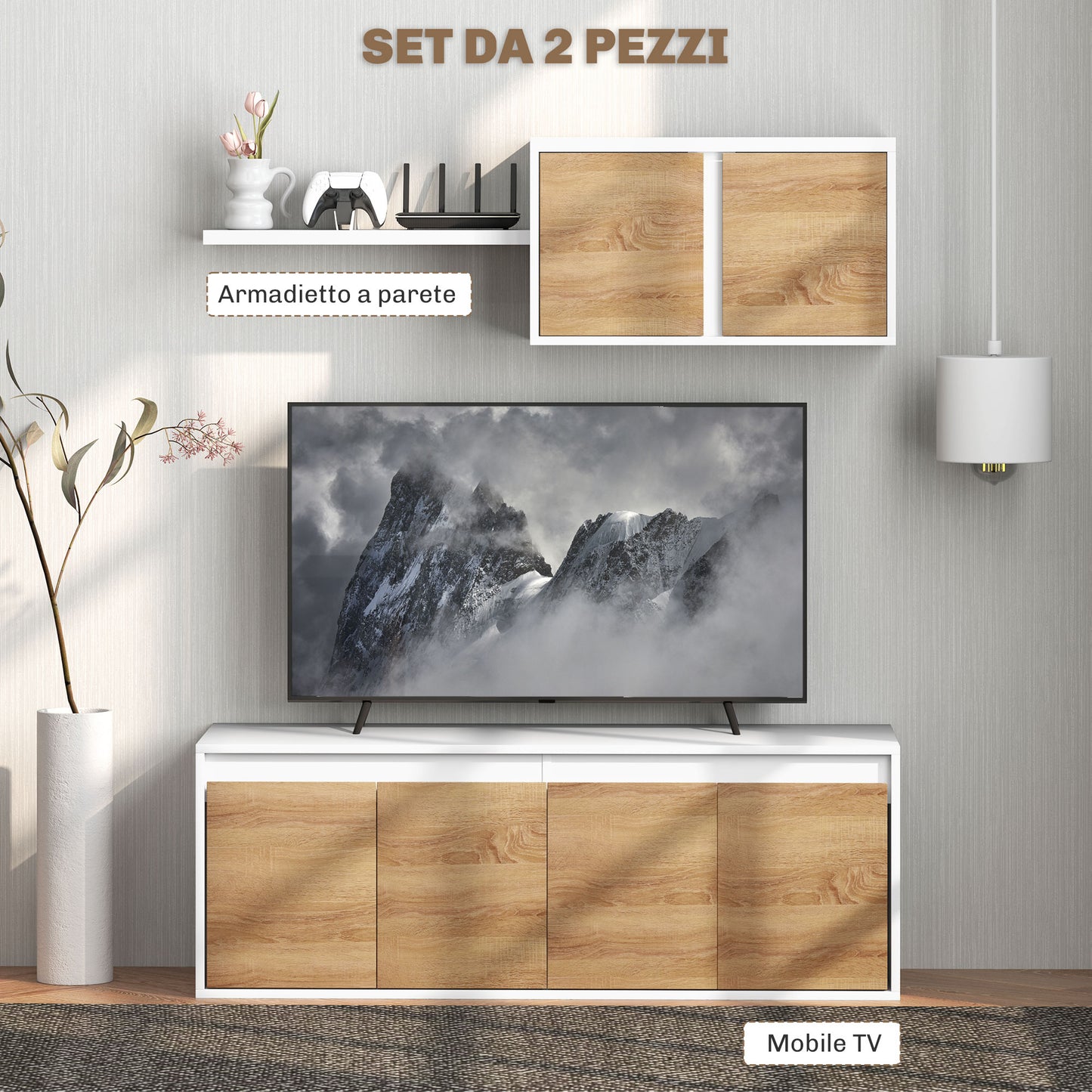 TV Cabinet and Wall Cabinet Set with 7 Shelves and Open Shelf, Wooden, 120x41x43.3 cm, White and Wood color