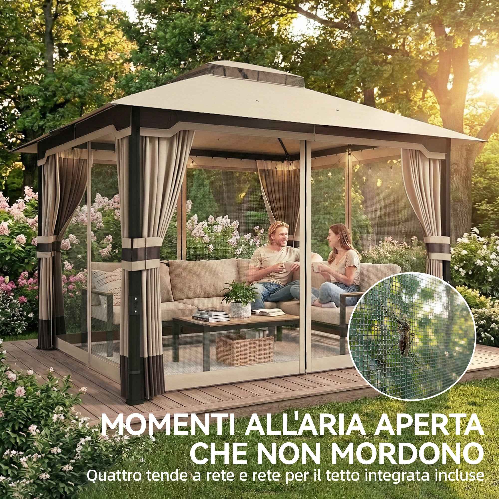Outsunny Gazebo 3x3.6m with Mosquito Net, Curtains, Double-Layer Roof, Khaki