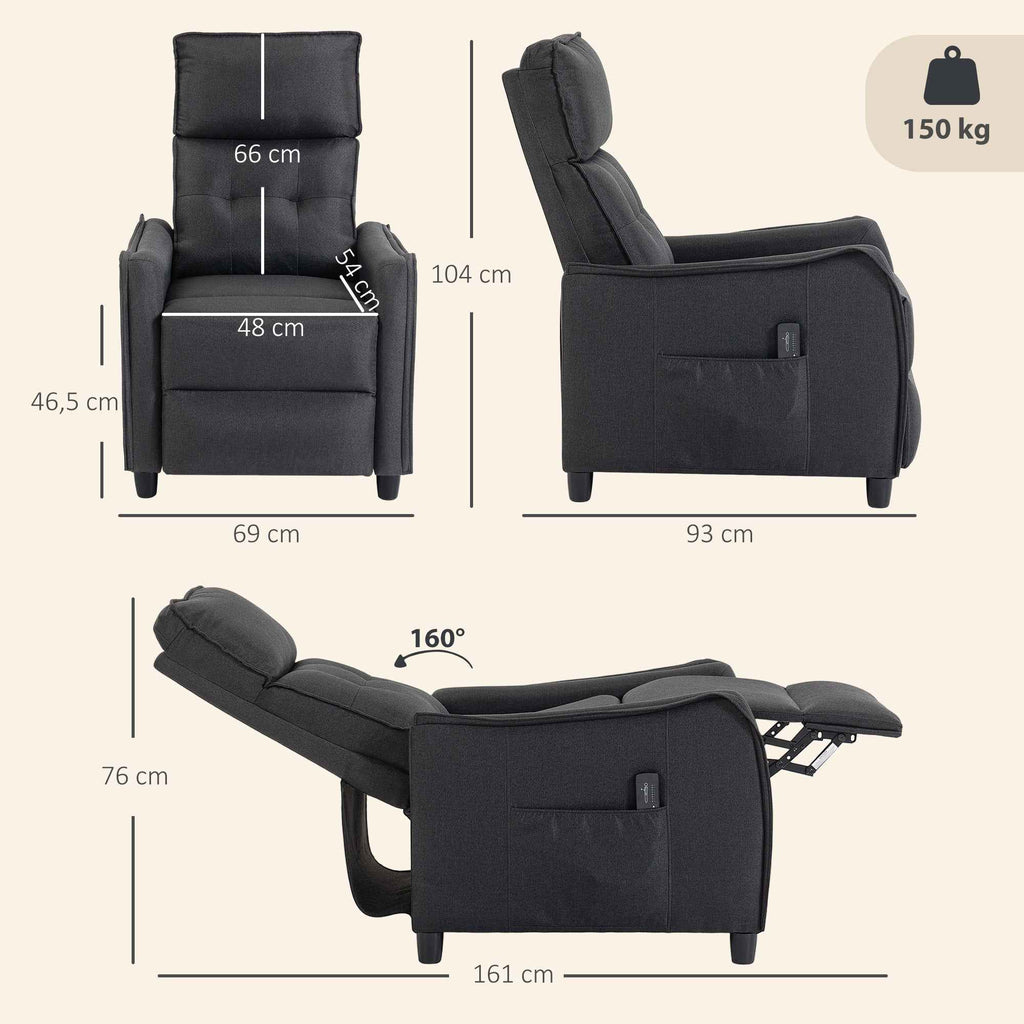 HOMCOM 160° Reclining Massage Chair with Footrest and Remote Control, 69x93x104 cm, Dark Grey Linen Effect