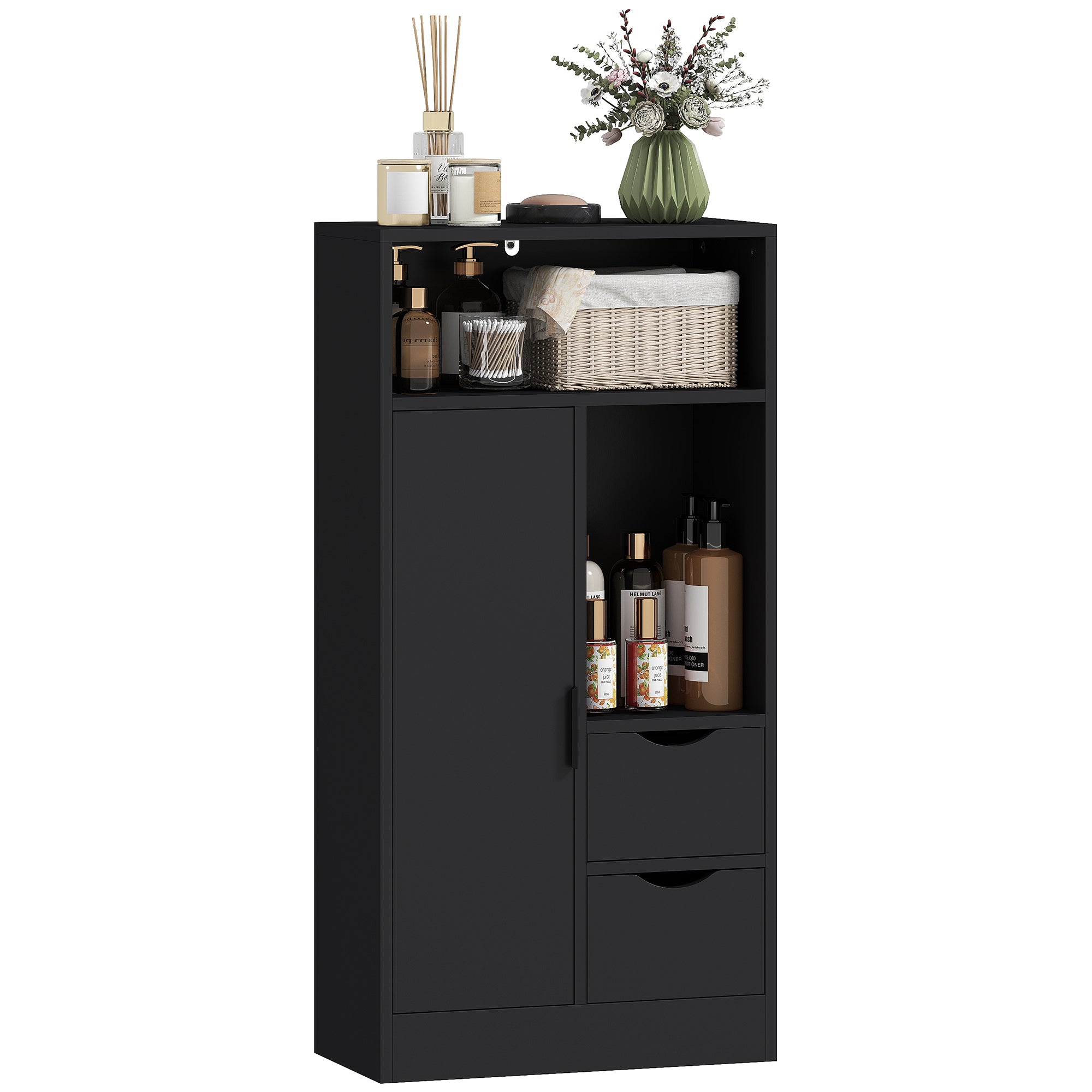 HOMCOM Bathroom Cabinet with 2 Drawers, Open Compartment and Adjustable Shelves for Small Spaces, 50x25x100 cm, White