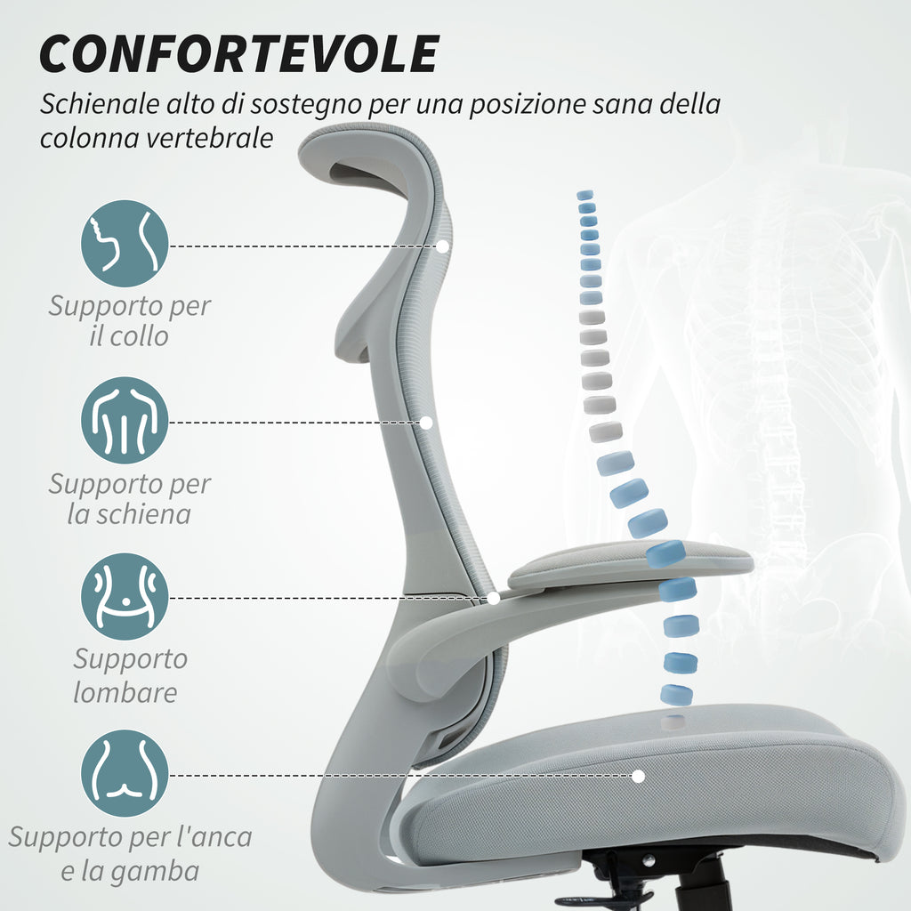 Ergonomic Office Chair with Adjustable Armrests, Mesh Backrest and Headrest, Grey