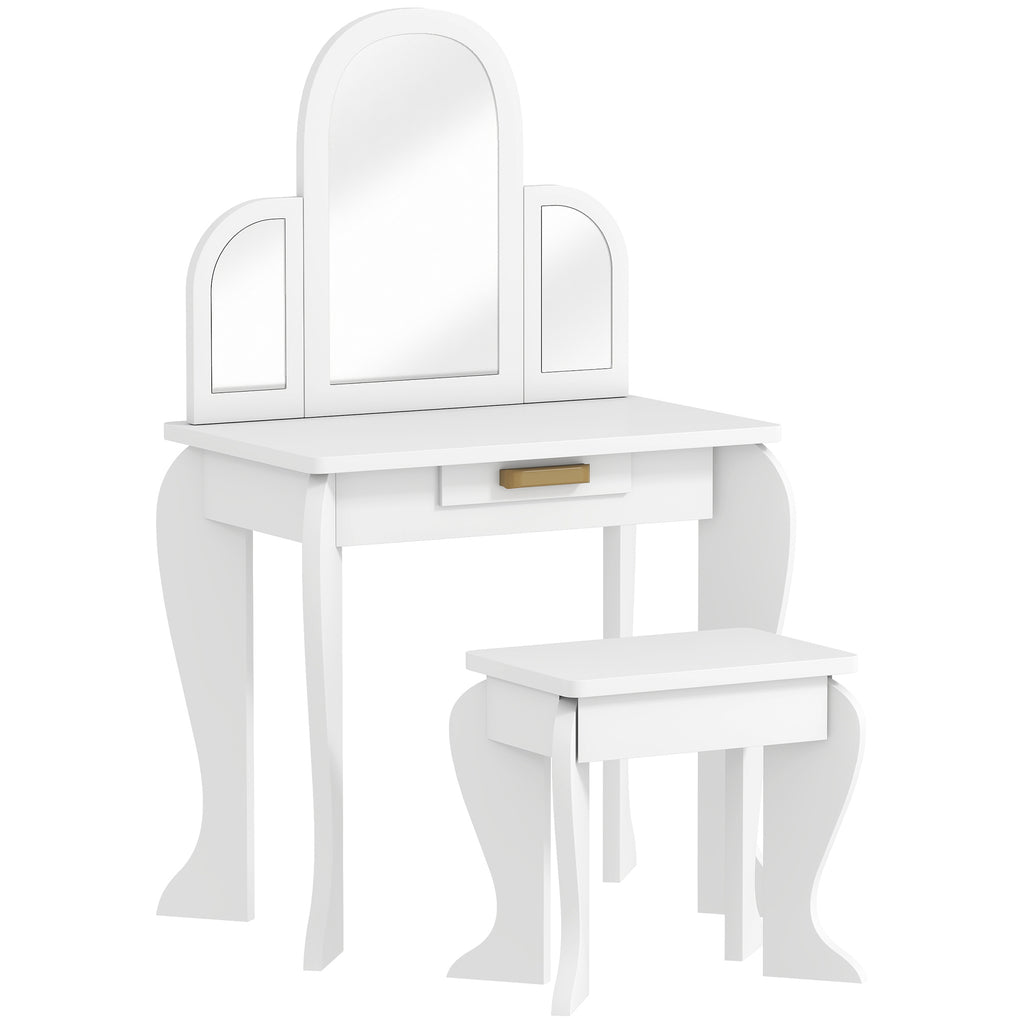 HOMCOM Girls' Dressing Table with Stool, Drawers, and Matching Mirror, White Acrylic, Ages 3-6