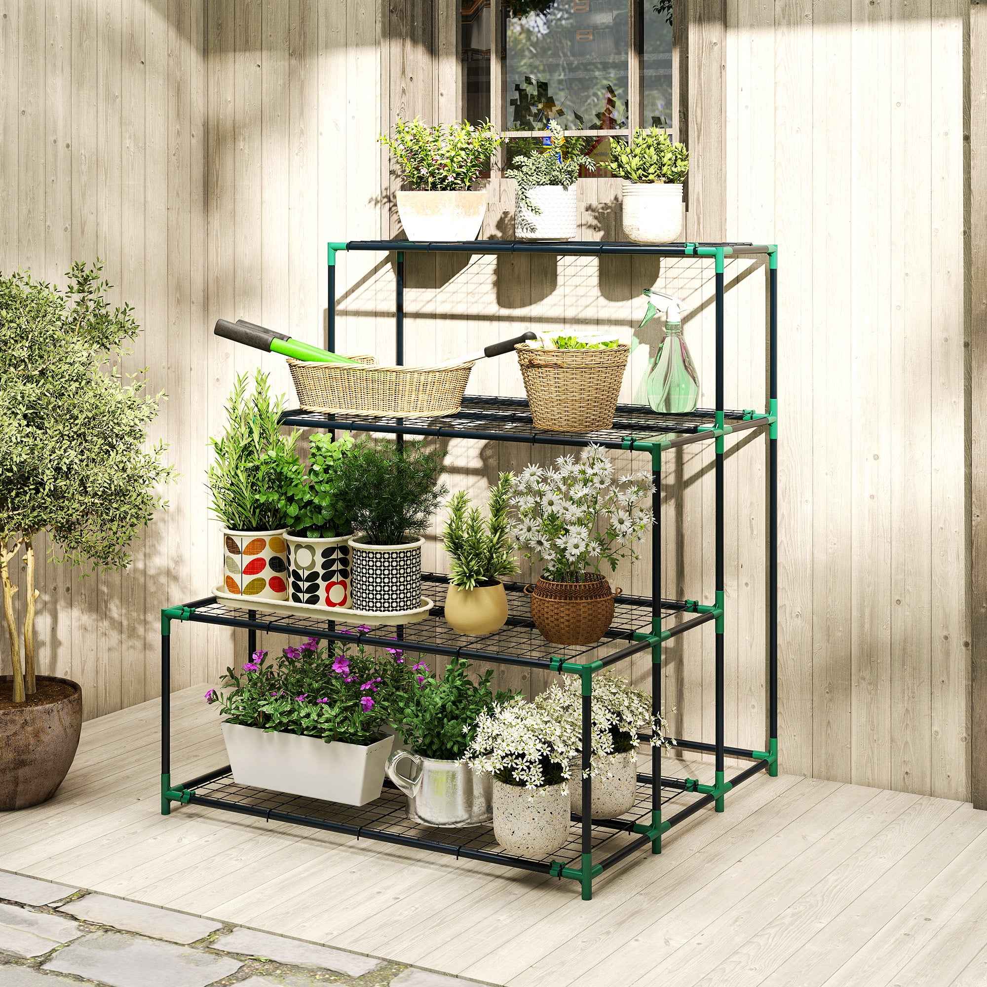 Outsunny 4-Tier Steel Plant Stand, 94x84x110cm, Dark Green