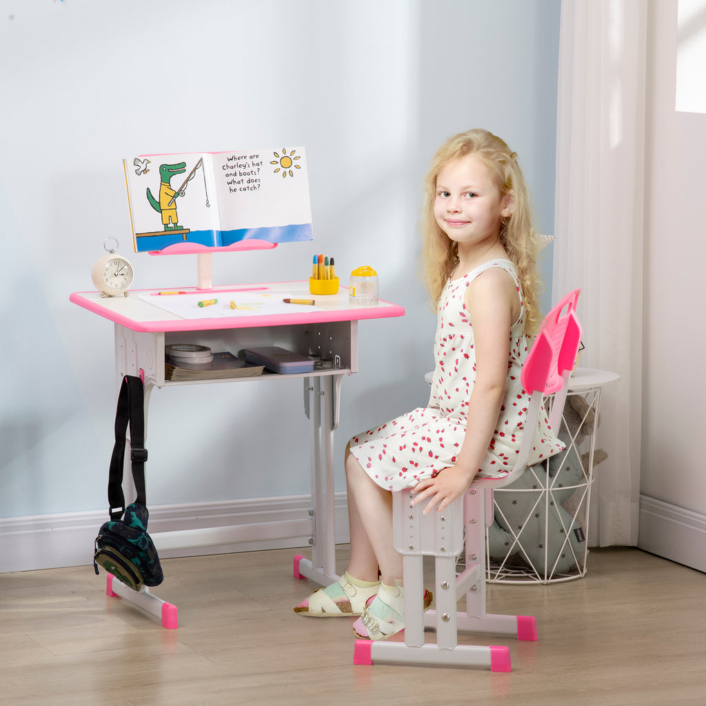 Children's Desk with Height-Adjustable Chair for 6-12 Years Old, Steel and MDF, Pink