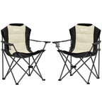 Set of 2 Folding Camping Chairs with High Backrest, Cup Holder and Carry Bags, Cream