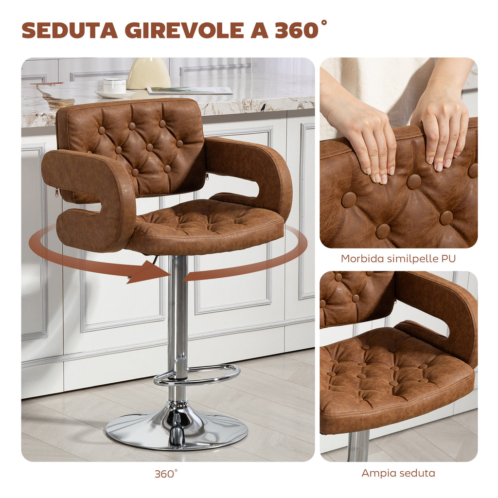 HOMCOM Bar Stool with Backrest and Armrests, Adjustable Height and Footrest, Brown Faux Leather