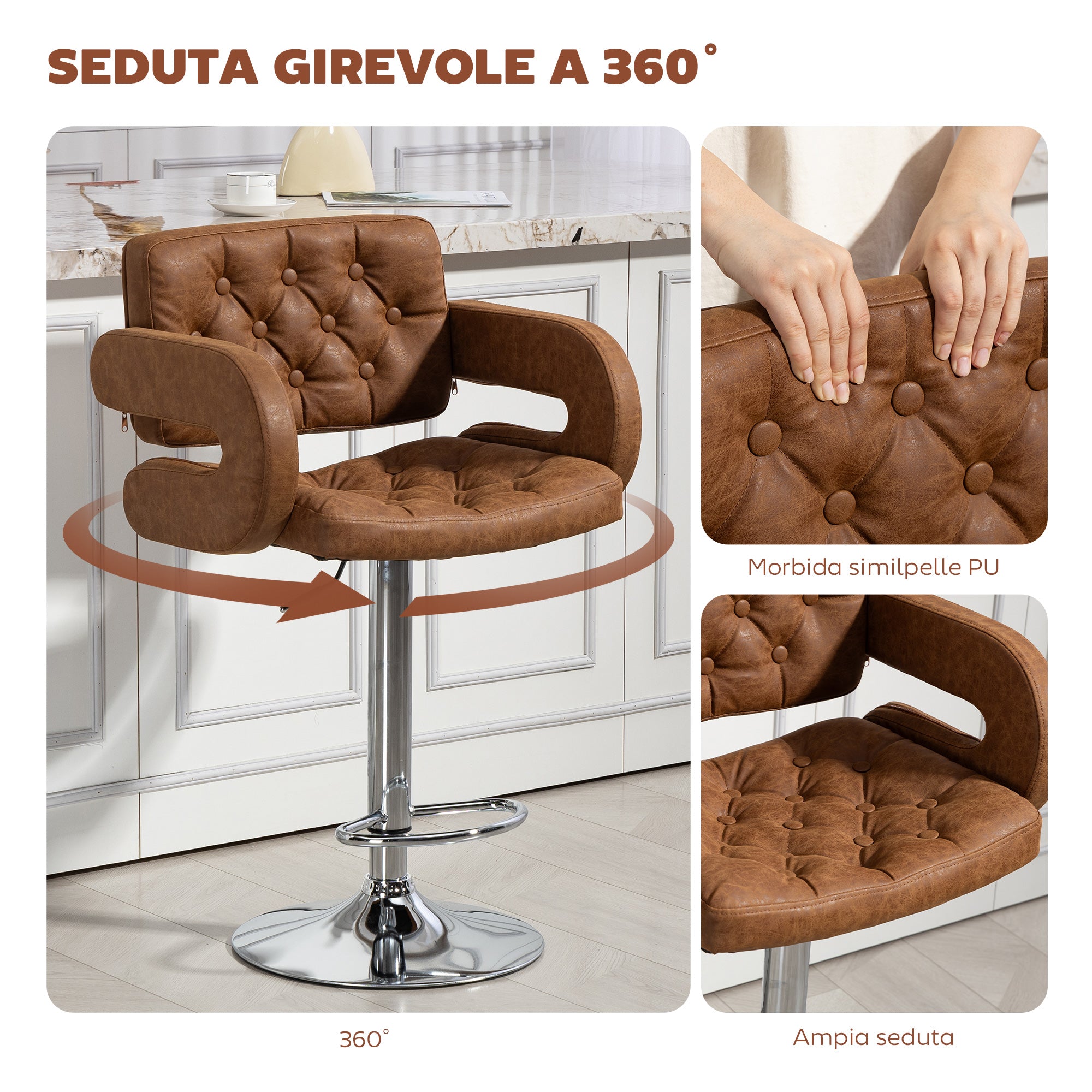 HOMCOM Bar Stool with Backrest and Armrests, Adjustable Height and Footrest, Brown Faux Leather