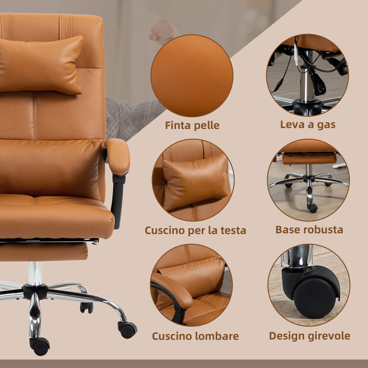 Height Adjustable Massage Chair with Footrest, Faux Leather, 66x67x115-123 cm, Light Brown