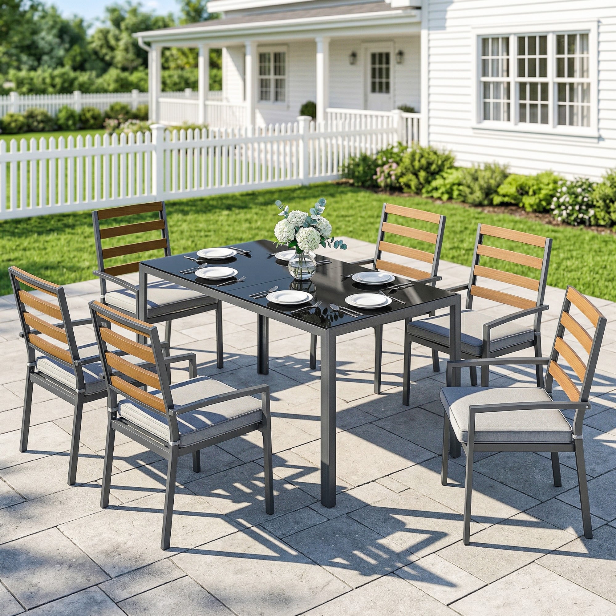 Outsunny 7-Piece Garden Dining Set with Table and 6 Chairs, Black