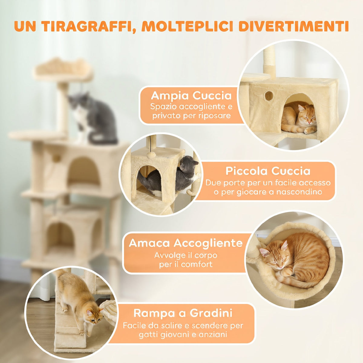 PawHut Cat Tree, 140 cm Tall, with 2 Cat Houses, Hammock, Bed and Sisal Posts, Beige