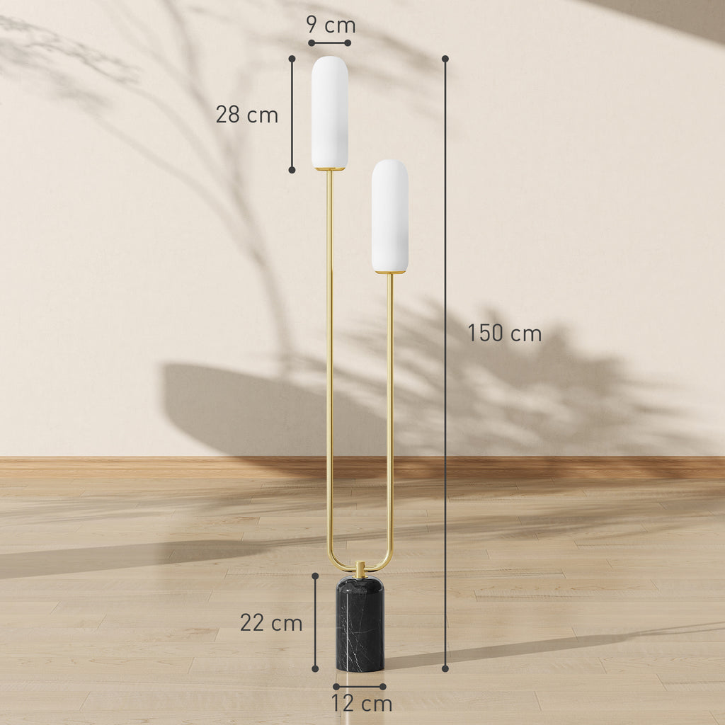 U-Shaped Floor Lamp with 2 Lights, Foot Switch and Marble Base, 26x12x150 cm, White, Black and Gold