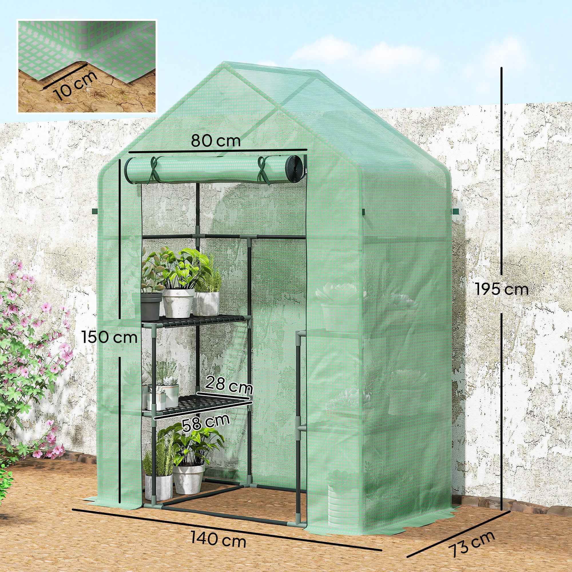Outsunny Garden Greenhouse with 2 Shelves, 3 Levels, and Zip Entrance, Steel and PE, 142x73x195 cm, Green