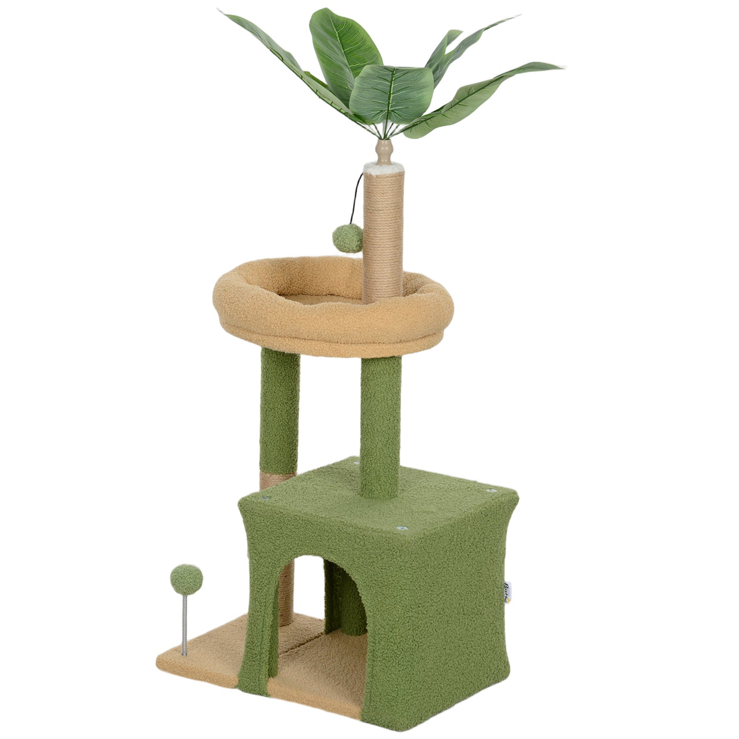 Cat Scratching Tree with House, Bed and 2 Balls, Made of Wood and Polyester, 44x30x98 cm, Green and Brown