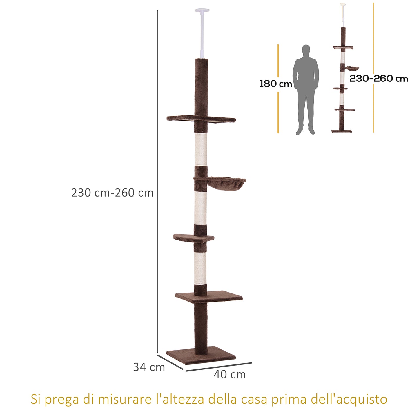 Multi-Level Ceiling Cat Tree with Hammock and Adjustable Height, 40x34x230-260cm, Brown