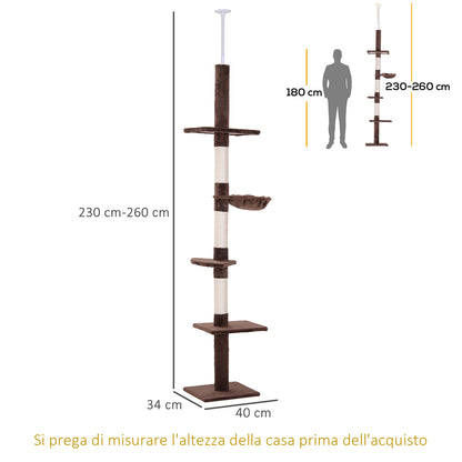 Multi-Level Ceiling Cat Tree with Hammock and Adjustable Height, 40x34x230-260cm, Brown