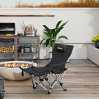 Folding and Reclining Camping Chair with Removable Footrest, Headrest and Cup Holder, Black