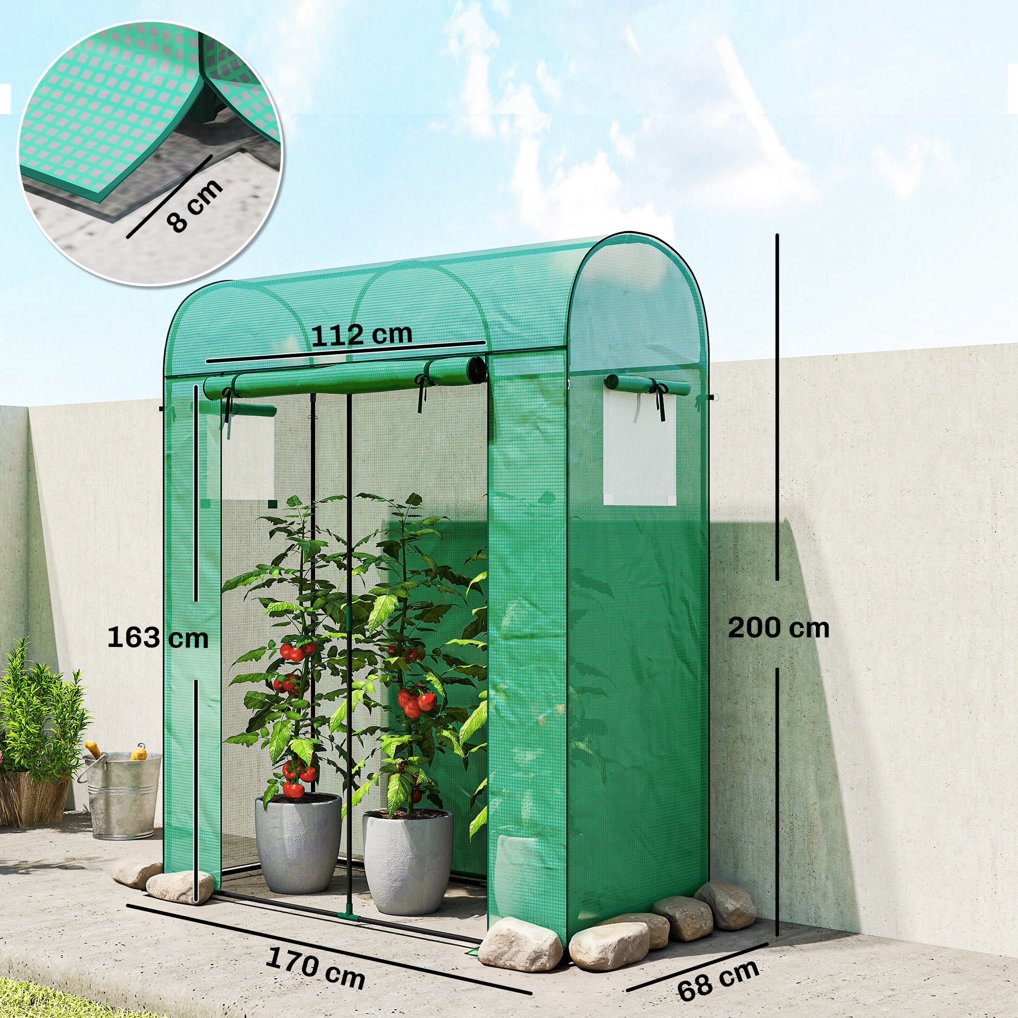 Outsunny Garden Greenhouse with PE Lining, Roll-Up Door and Mesh Windows, 170x68x200 cm, Green