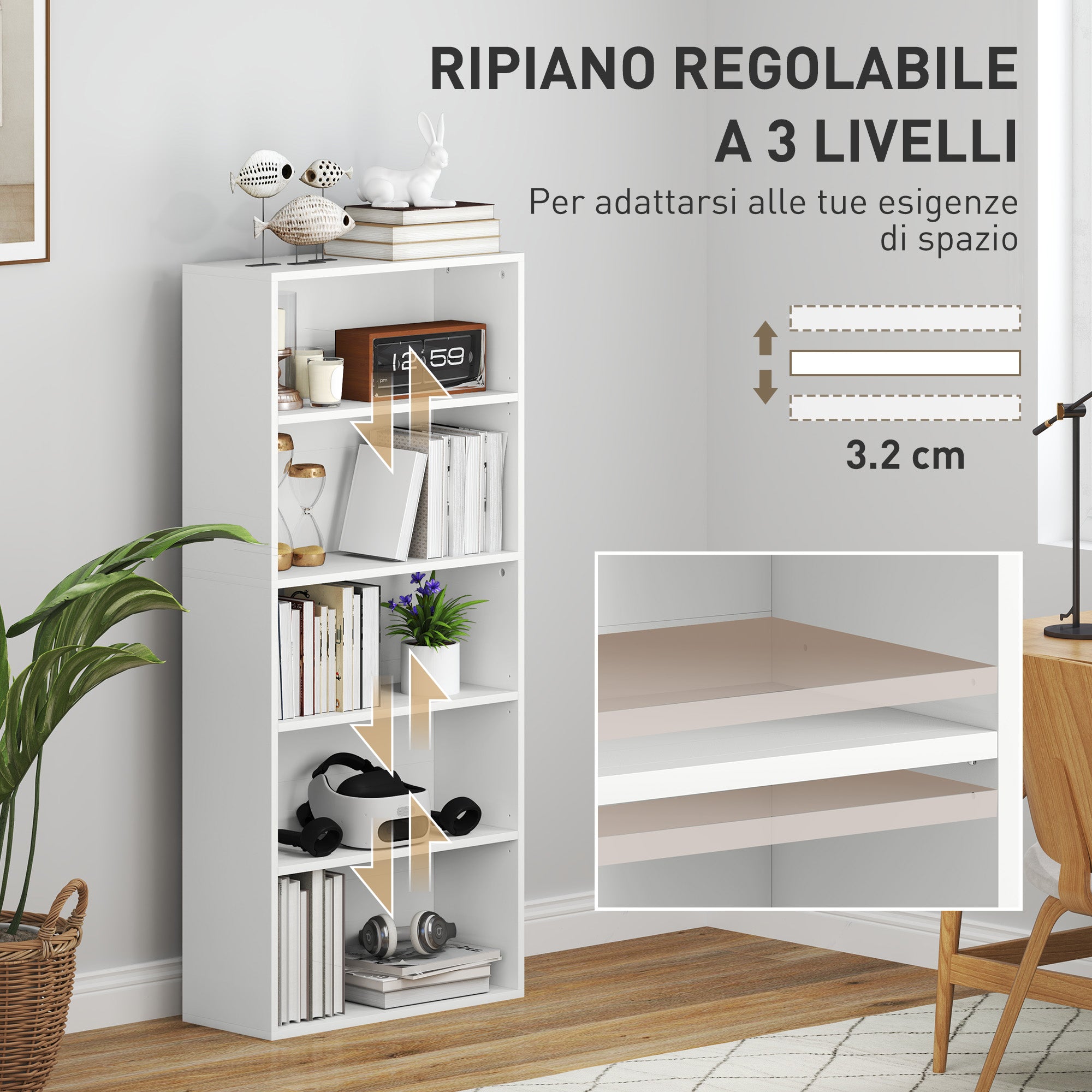 5-Shelf Bookcase Cabinet with 3 Flexible Shelves, in Wood, 60x24x133.5 cm, White