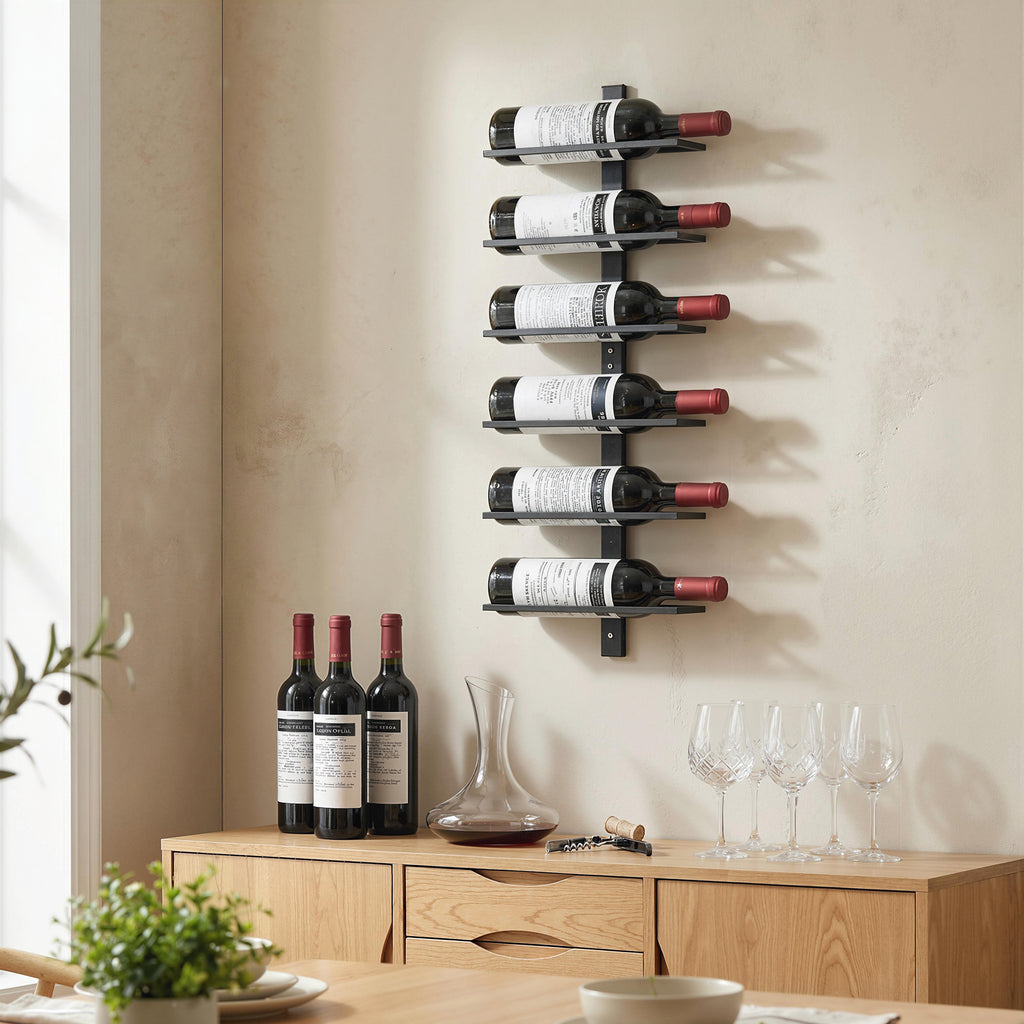 HOMCOM Wall-Mounted Steel Wine Rack for 6 Bottles, Kitchen and Living Room, 27x10x71 cm, Black
