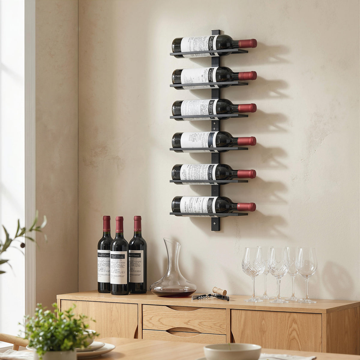 HOMCOM Wall-Mounted Steel Wine Rack for 6 Bottles, Kitchen and Living Room, 27x10x71 cm, Black